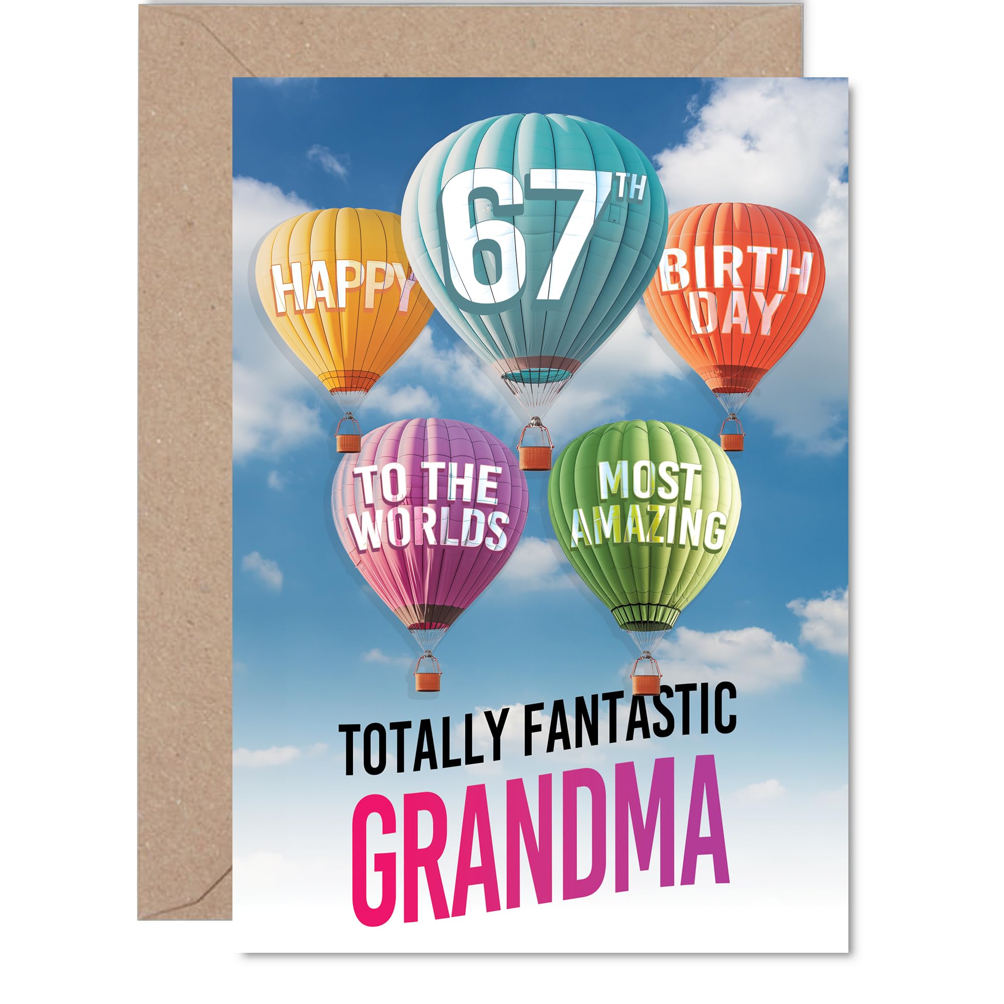 Grandma 67th Birthday Card - Most Amazing Hot Air Balloon - Happy Birthday Card for 67 Year Old Grandma from Grandson Granddaughter, A5 Balloons Stars Bday Greeting Cards