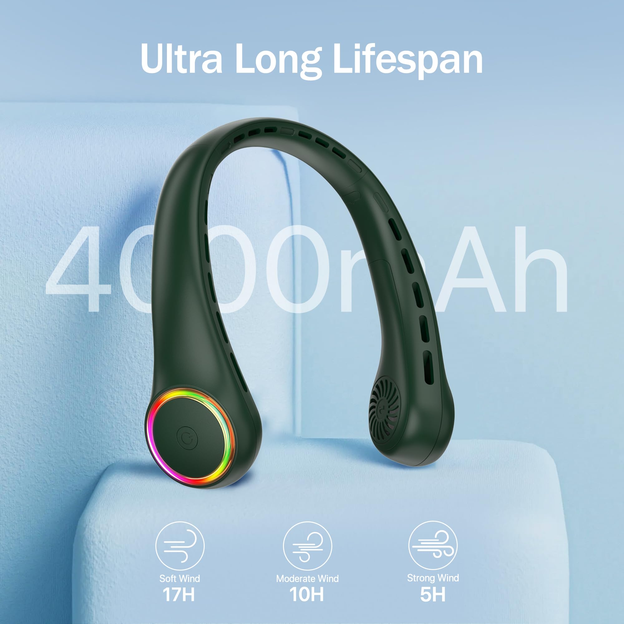 ITSHINY Ventilatore da collo senza pale, ventilatore portatile da collo, ventilatore da collo da 4000 mAh, mini ventilatore da collo personale ricaricabile con luce LED a 3 velocità, per donne,