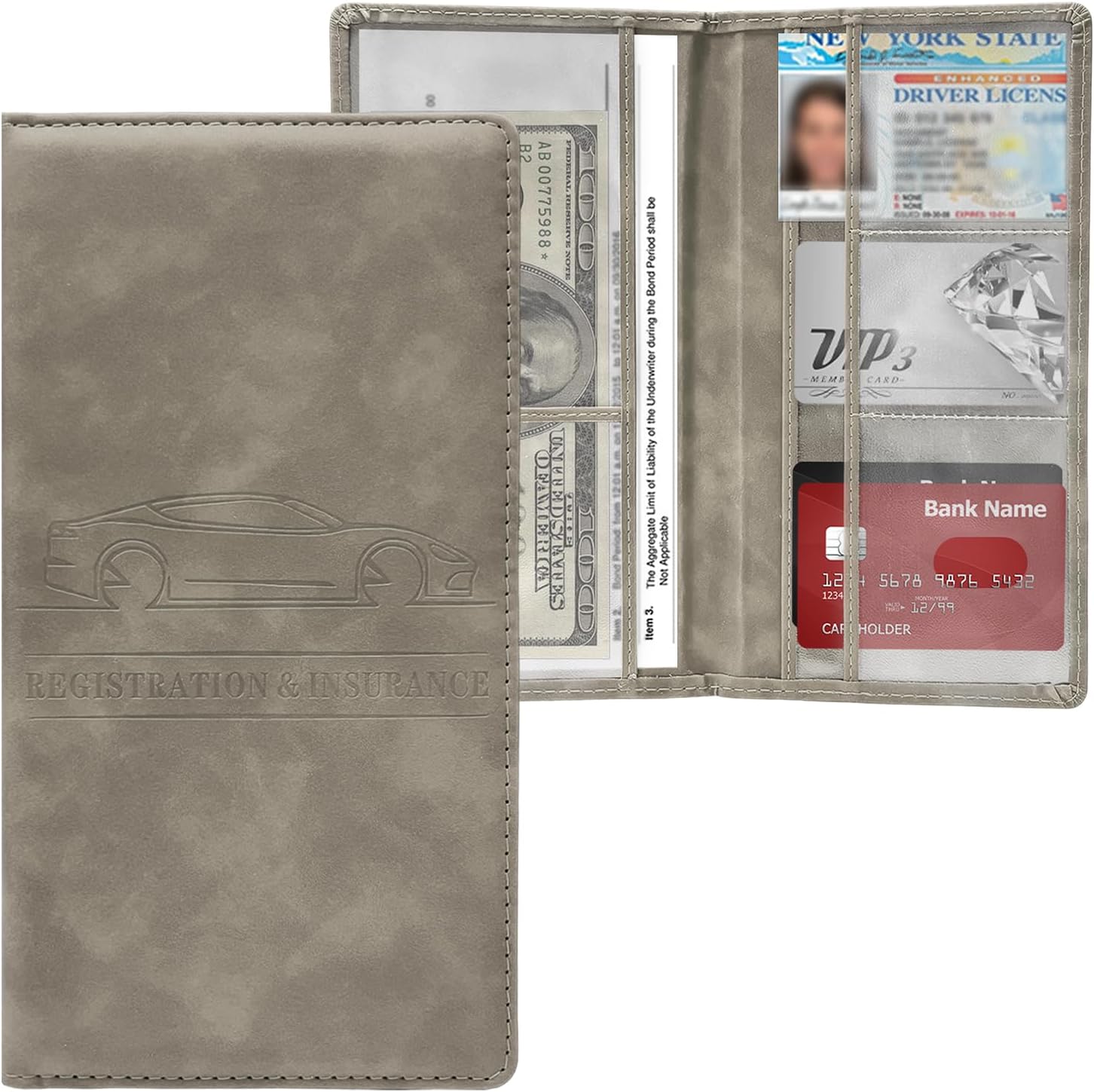 Car Registration and Insurance Holder, PU Leather Auto Document Organizer Glove Box Card Storage Case, Universal Vehicle Document Holder Interior Accessories for Women Men (Gray)
