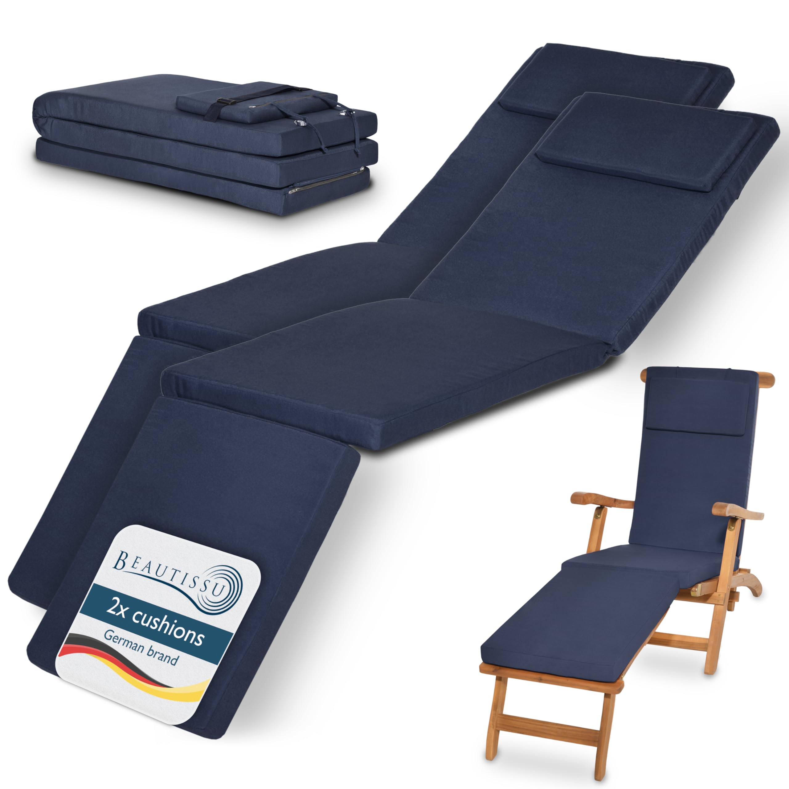 Beautissu 2x Deck Chair Sun Lounger Cushion Pad 175x45x5 cm Loftlux DC – Comfortable Garden Recliner Cushion Steamer Sunbed Sunlounger Chair Dark Blue – Removable Washable Cover