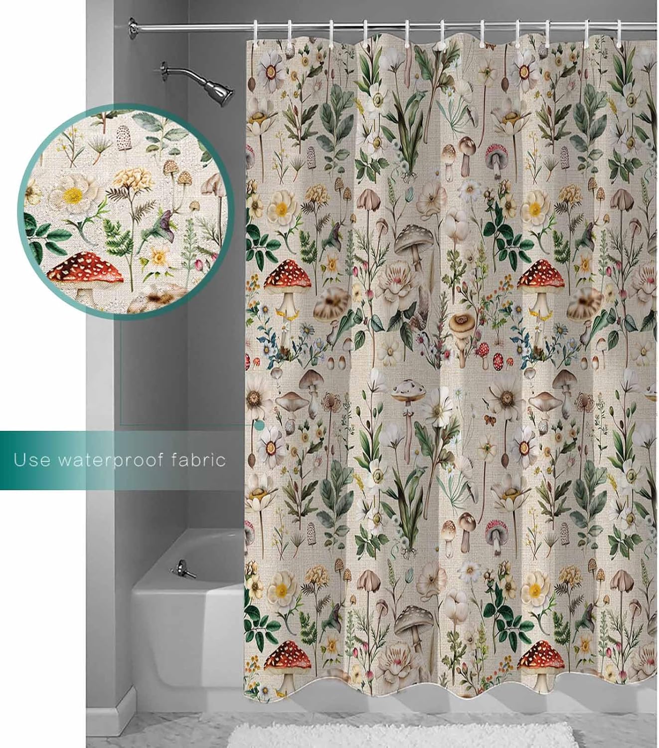 Spring Mushroom Botanical Waterproof Shower Curtains Set - Extra Long 72 x 96 Inch, Summer Farmhouse Wild Flowers Polyester Fabric Bathroom Curtain with 12 Hooks, Bathroom Accessories, 1 Panel