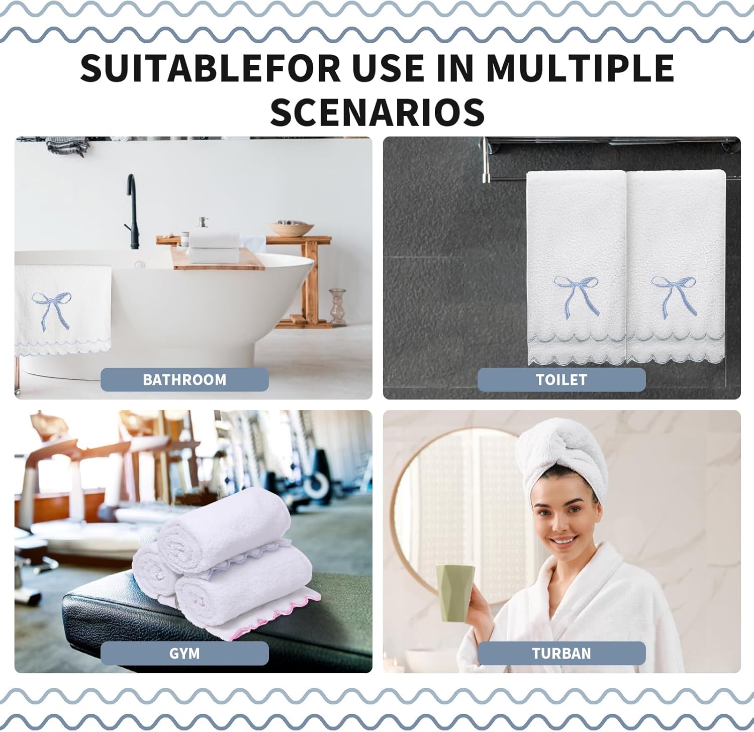 2 Pcs Coquette Bow 100% Cotton Hand Towels for Bathroom Scalloped Hand Towels 16 * 27 Inch Embroidered Decorative 600 GSM Soft Absorbent Bath Towel for Spa Yoga Hotel Sport (Blue) - Image 6