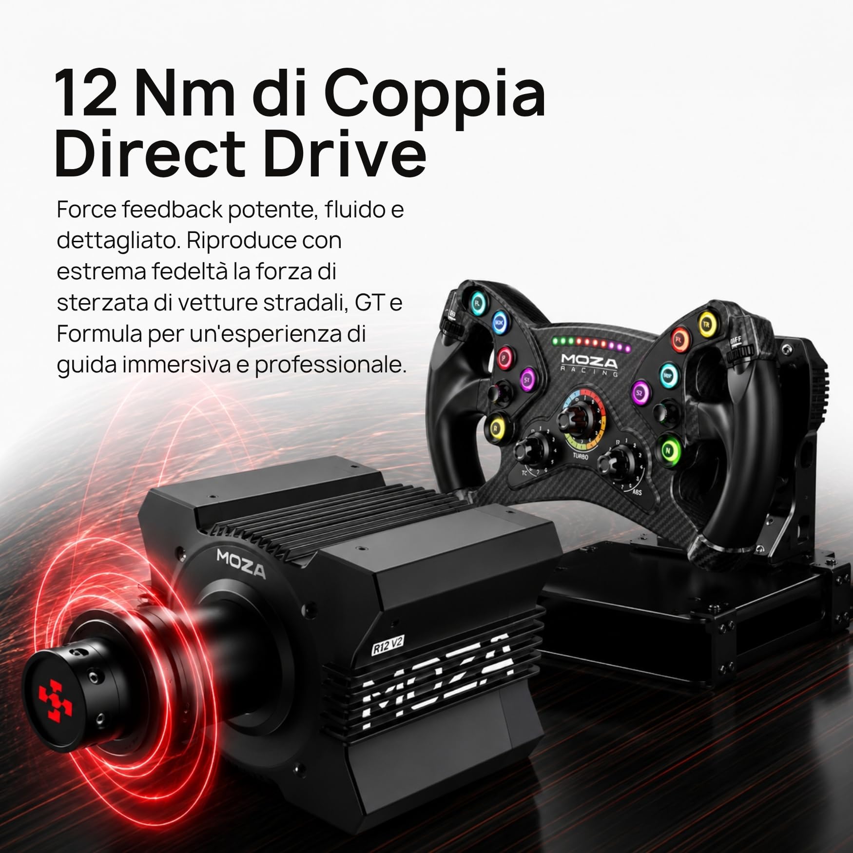 MOZA R12 V2 Base Volante Direct Drive 12 Nm per Simulatore di Guida PC, Encoder Magnetico 21 bit, Rotore in Fibra di Carbonio, Alluminio Aerospaziale, Sim Racing Professionale