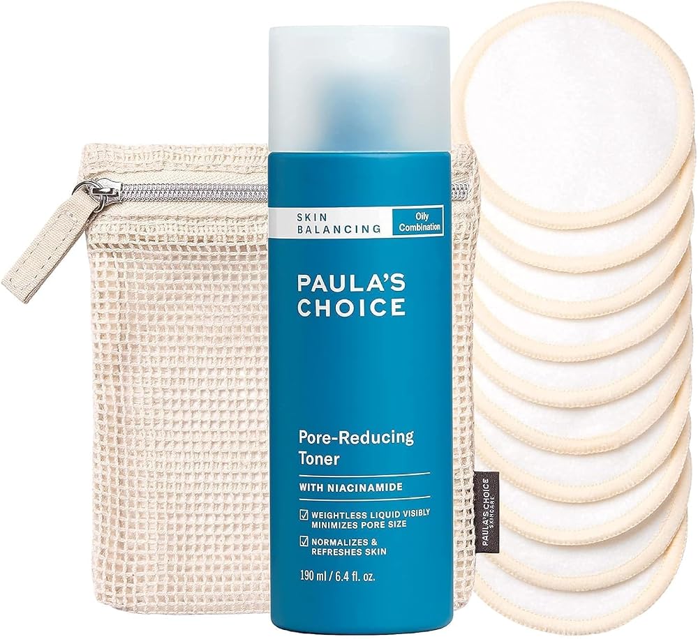 Skin Balancing Pore-Reducing Toner & Reusable Cotton Pads | Tones, Exfoliates & Removes Makeup with Niacinamide & Eco-Friendly Pads, Fragrance-Free & Paraben-Free, Set of 2