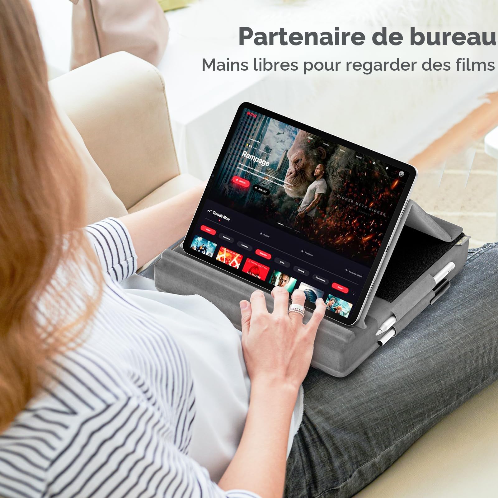 KDD Coussin de Support pour Tablette, Coussin Tablette à Angle Réglable, Support ipad Pliable, Support Tablet Lit avec Support de Stylet pour ipad Pro 12,9 10.5 11 Air Mini, Téléphones, Livres, Gris