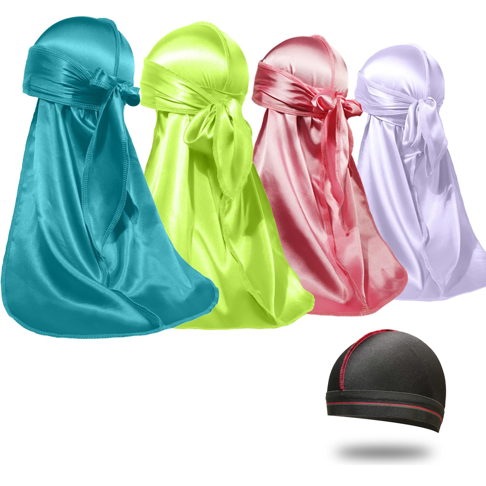 4PCS Silky Durags for Men Women 360 Waves with 1 Wave Cap, Silky Satin Durag Extra Long Tails