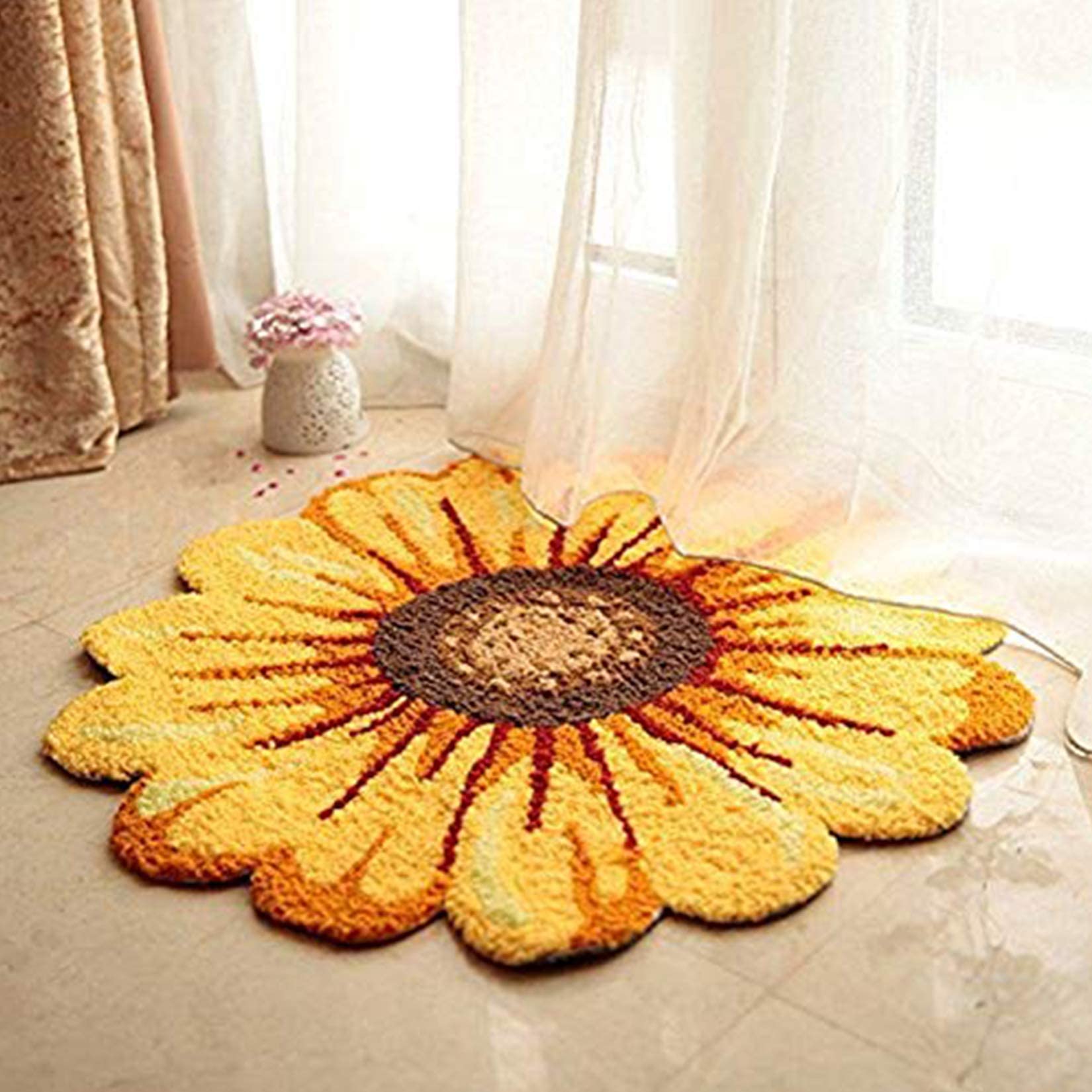 Syhonic - Tapis de sol fait à la main en forme de tournesol - 63,5 x 63,5 cm - Lavable et antidérapant - Pour chambre à coucher, salon, cuisine, salle de bain (jaune)