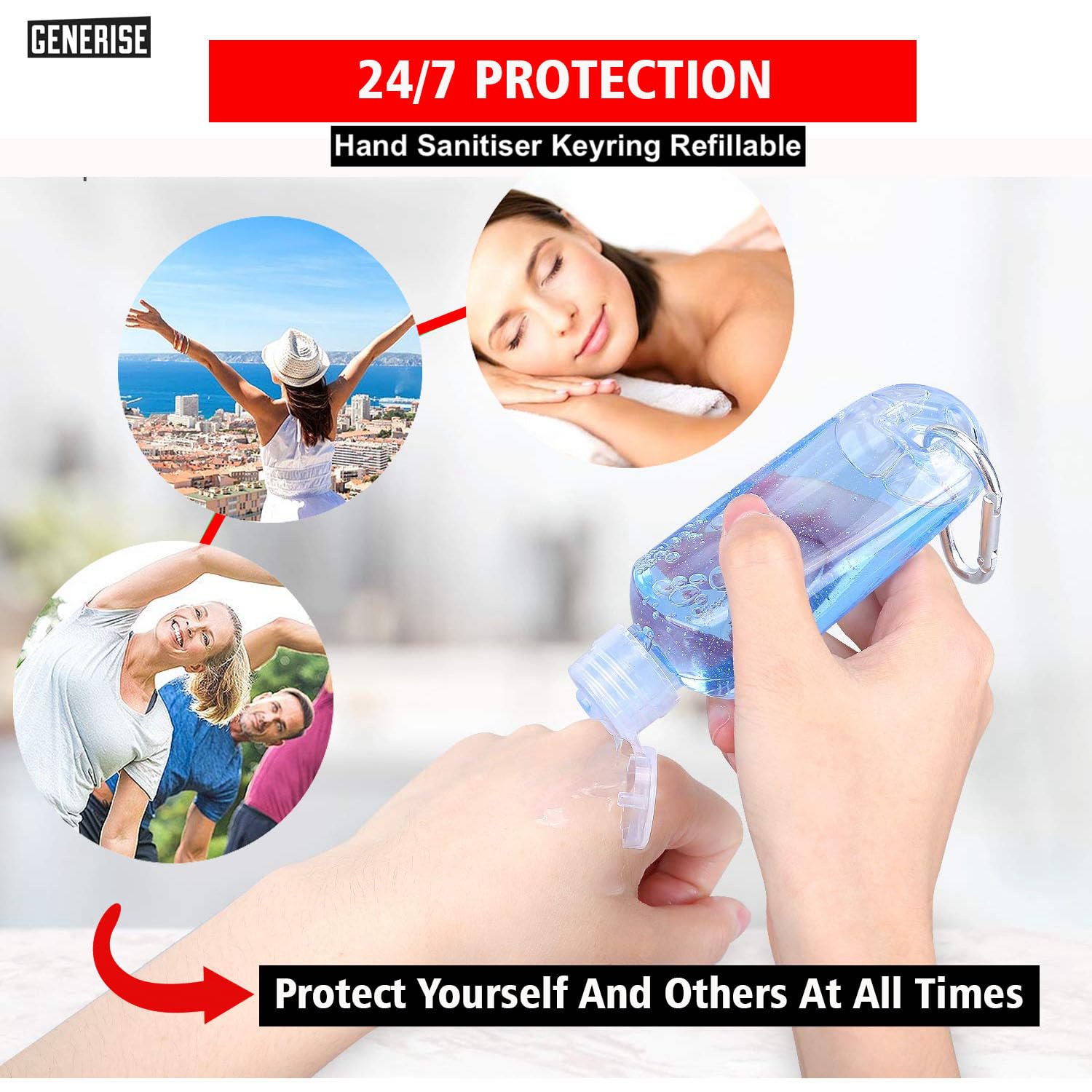 Flacone disinfettante per le mani con clip, 4 flaconi riutilizzabili per disinfettanti per le mani, 50 ml, con coperchio ribaltabile e moschettone