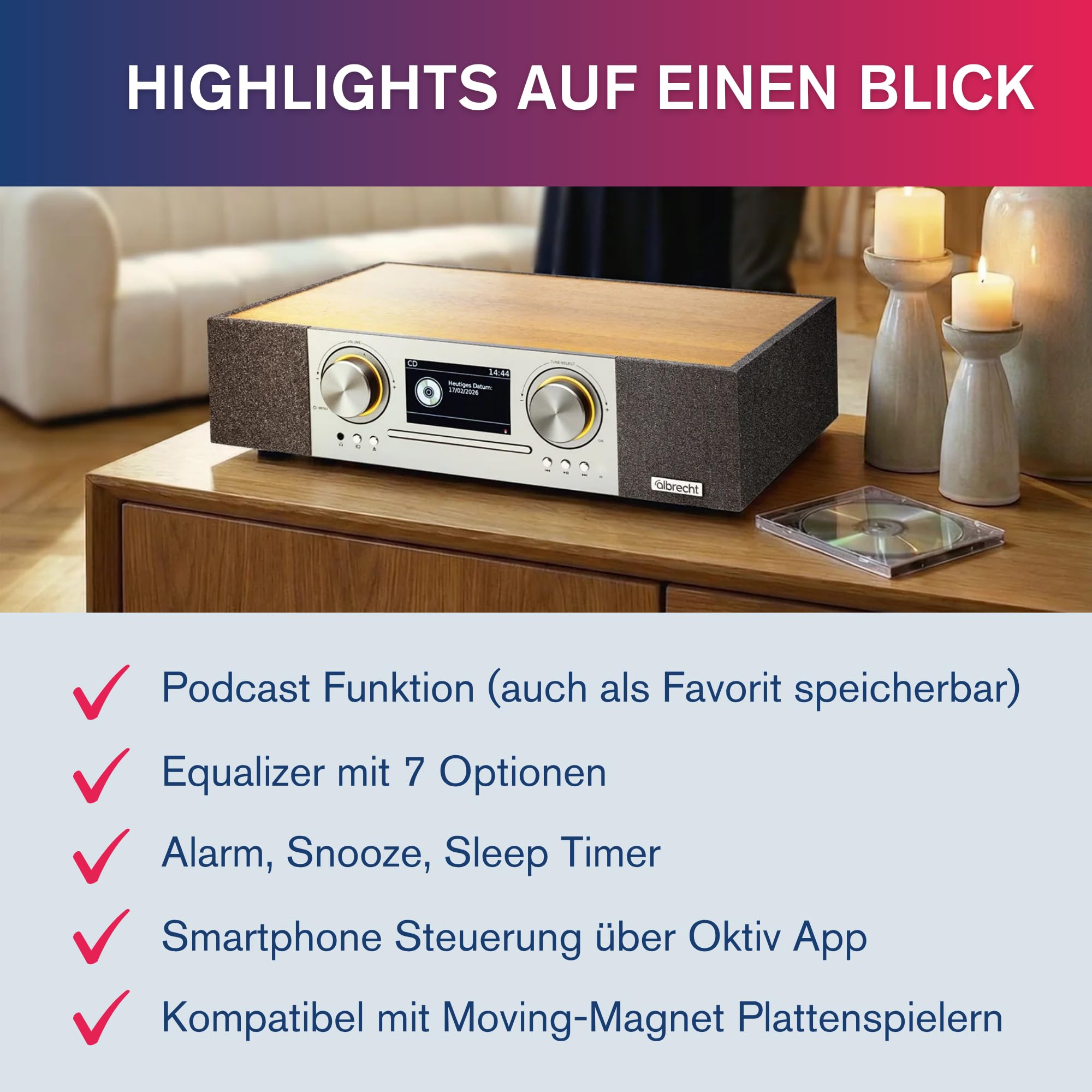 Albrecht DR 1000 All-In-One Soundsystem, Soundbar 2.1 mit 30 Watt Subwoofer, Clear-Voice, Internet-Radio, DAB+, CD-Player, Musik-Streaming, HDMI, braun/grau