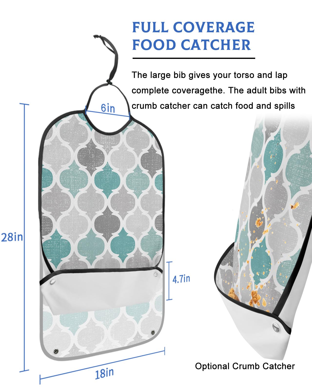 Teal Grey Morocco Pattern Adult Bibs for Eating, Waterproof Bibs with Food Catcher & Adjustable Snap Closure, Turquoise Modern Moroccan Geometric Clothing Protectors Adult Bibs for Elderly Women/Men