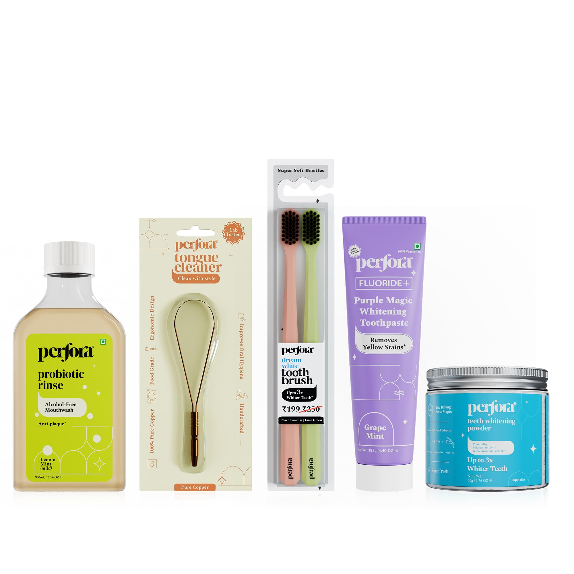 Perfora Complete Oral Care Pack - Purple Magic Teeth Whitening Toothpaste, Triple Mint Whitening Powder, Alcohol Free Le