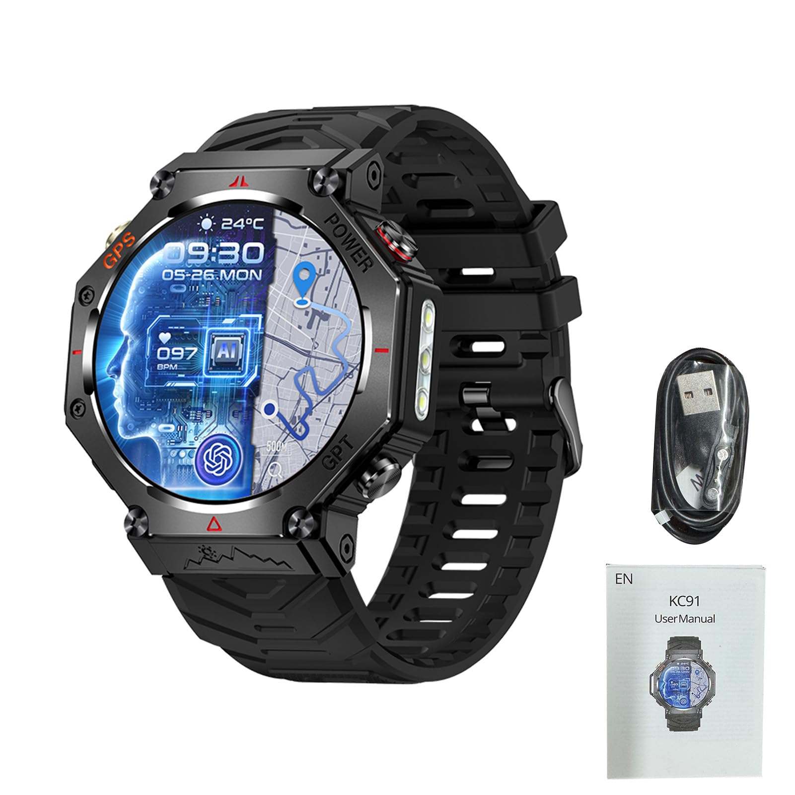 Lazmin112 Smartwatch, Con Posizione Gps, Gpt, Impermeabile Fino a 30 m, Torcia, Altoparlante e Microfono Integrati, Ricarica Magnetica, 100+ Modalità Sportive, Orologio Sportivo (BLACK)