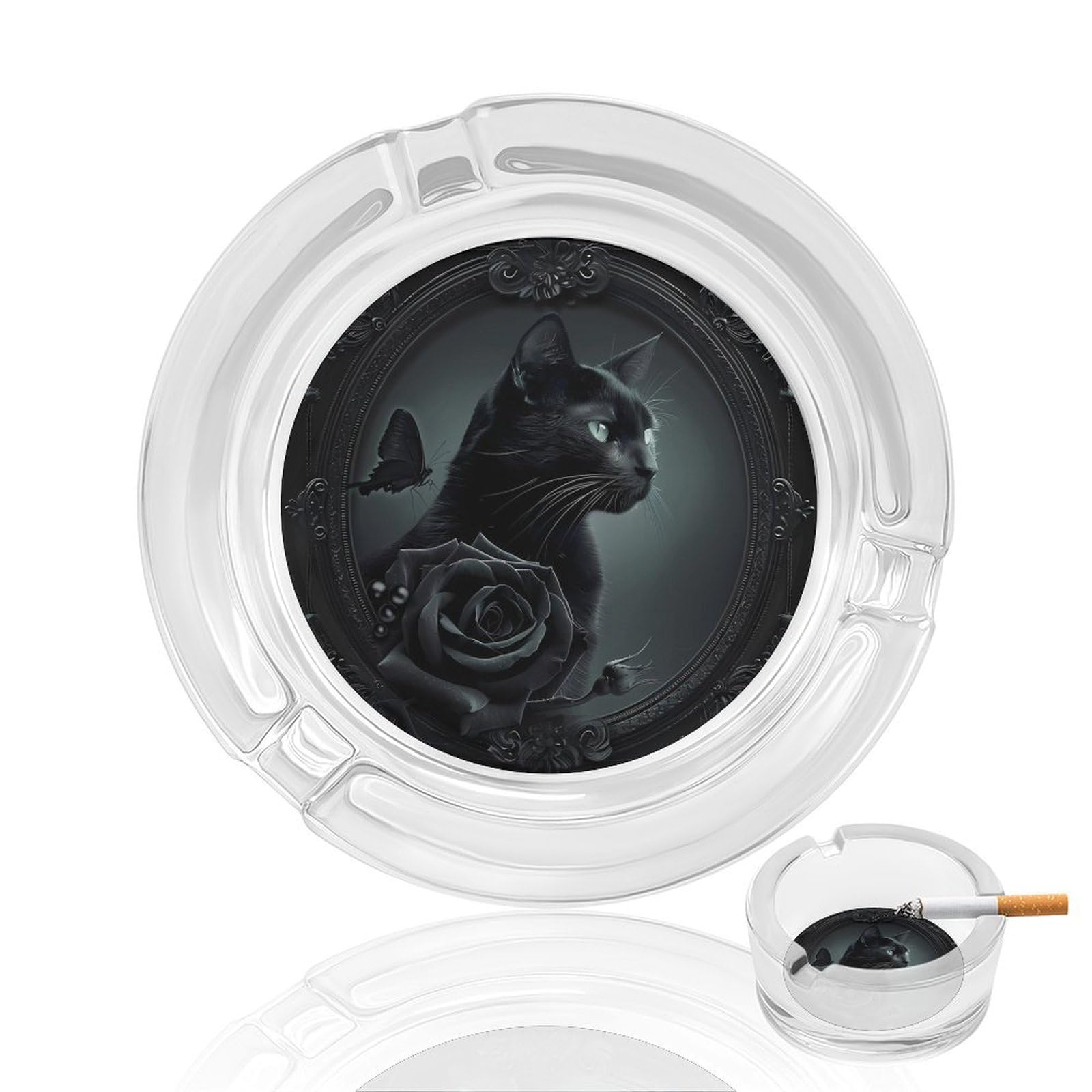 Black Cat Gothic Goth Ashtray Portable Round Glass Outdoor Ash Tray for Home Office Garden Pub