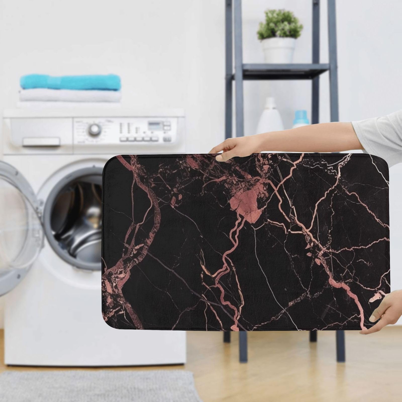 Lot de 3 tapis de bain antidérapants et absorbants en flanelle avec motif marbré noir et or rose