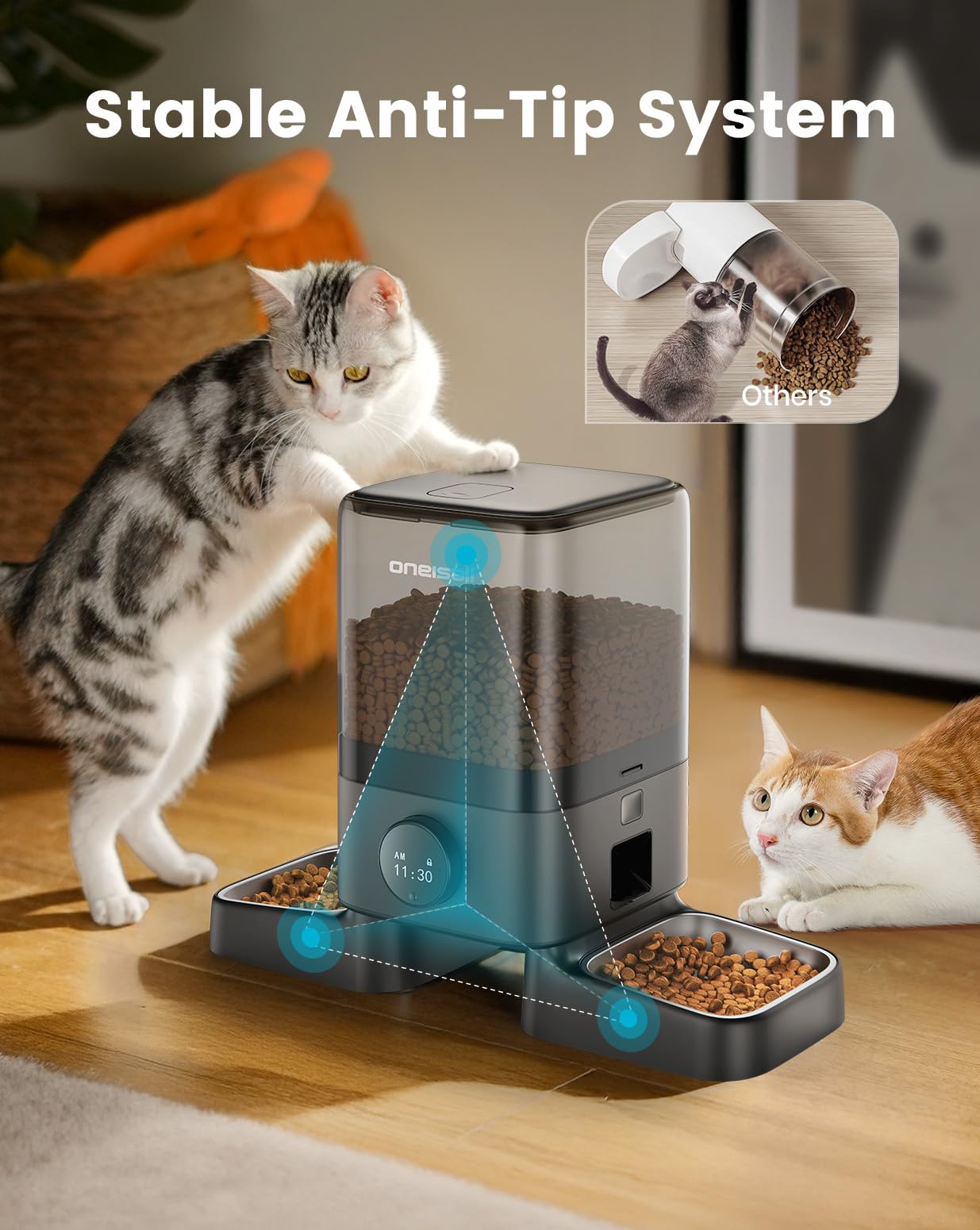 oneisall Distributeur Croquettes Automatique pour 2 Chats 5L, Distributeur Automatique de Nourriture pour Chats avec 2 Bols Distributeur Croquettes Chien en Acier Inoxydable 304, 1-6 Repas par Jour