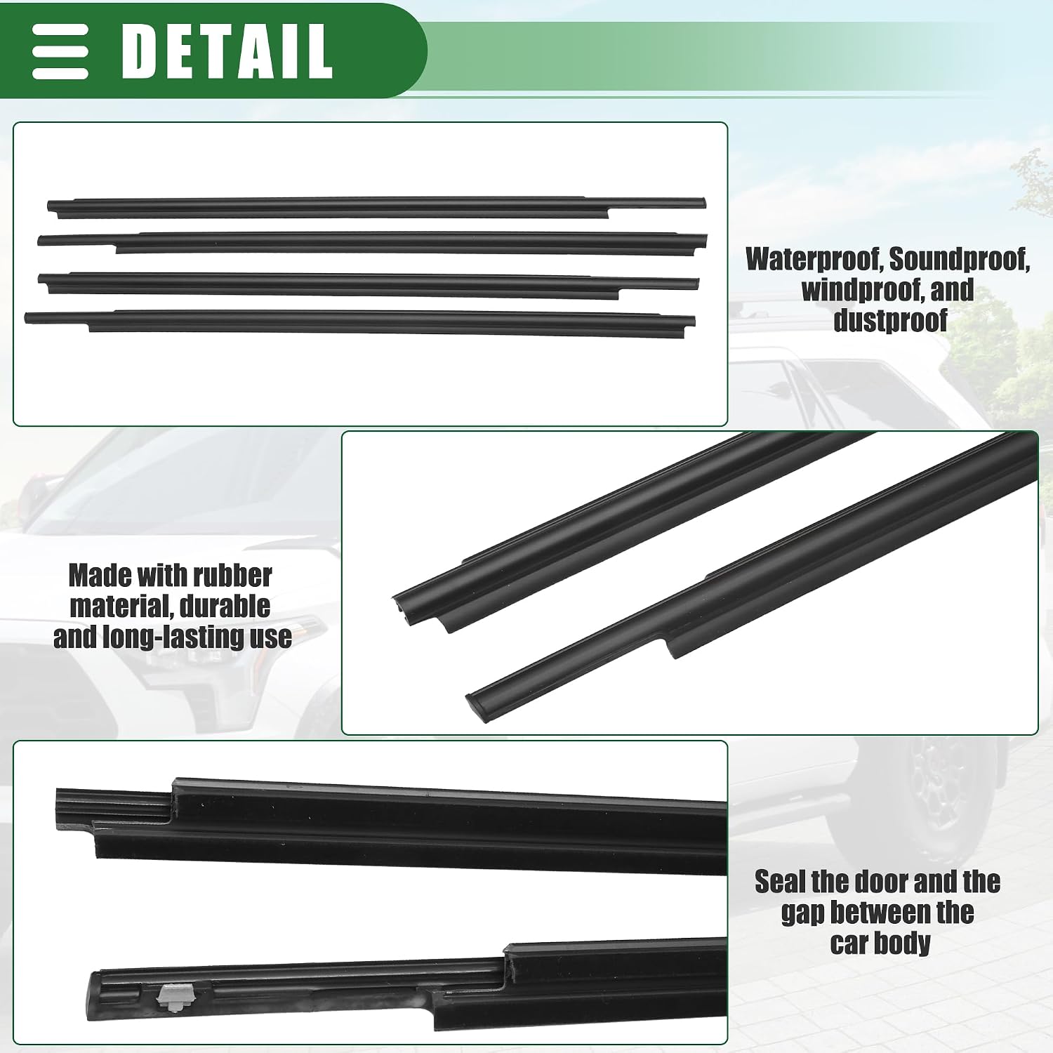 Motoforti Window Weatherstrip, Trim Seal Belt, for Toyota Sequoia 2008-2020, Rubber, No.681630C031/681640C031, Black