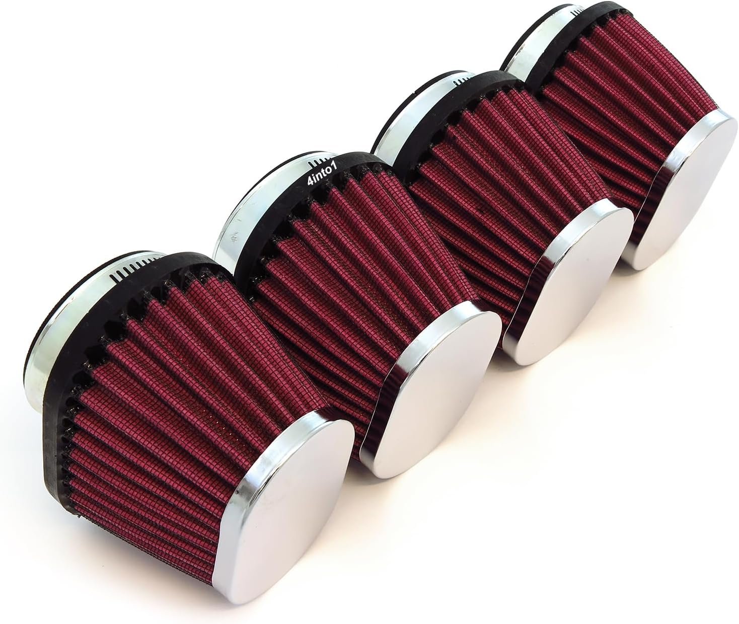 4 Pack Universal Performance High Flow Tapered Oval Clamp On Pod Air Filter Intake Cleaner 54mm Chrome Red Motorcycle Scooter ATV UTV Cafe Racer Dirt Bike Moped