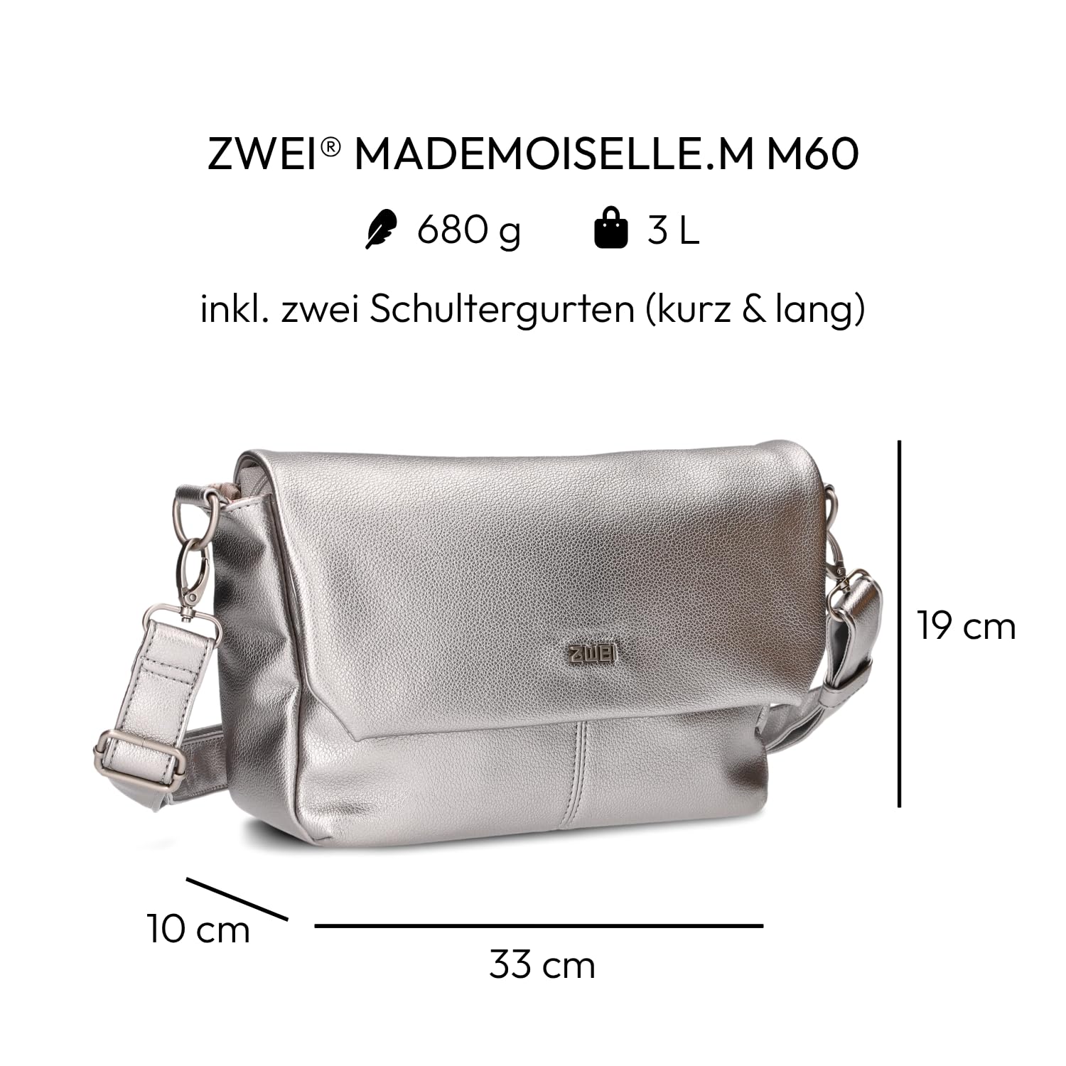 Zwei Damen Handtasche Mademoiselle M60 Umhängetasche Querformat 3 Liter breite Crossbody-Bag Magnetklappe Reißverschluss inklusive Schlüsselband klassisch-elegant hochwertiges Kunstleder