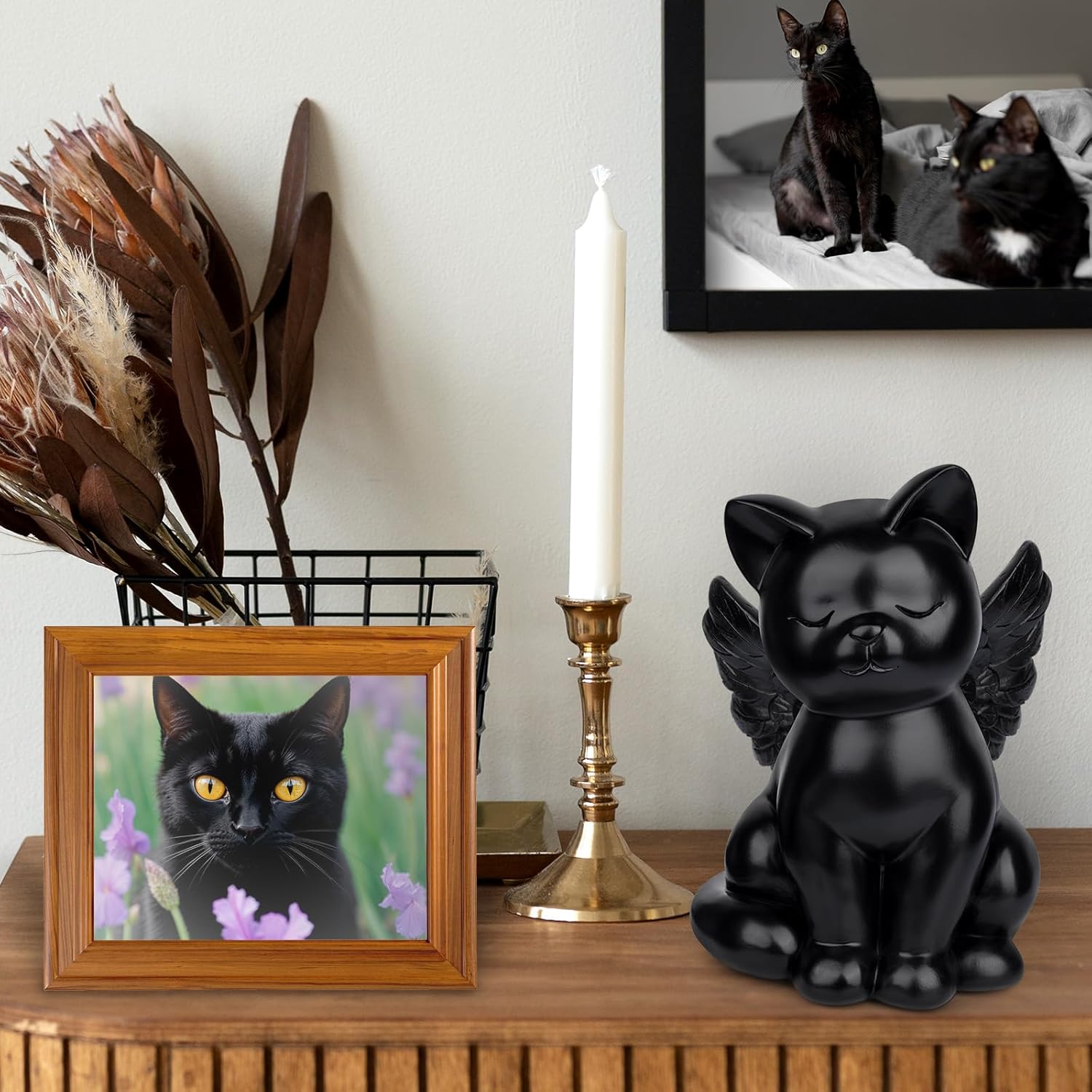 Black Cat Urn for Ashes - Sleeping Angel Memorial Figurine, Cremation Funeral Statue for Pet Lovers
