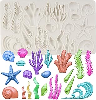 QDMOLDS Marine Theme Fondant Molds Seashell Conch Starfish Seaweed Coral Silicone Mold For Cake Decoration Cupcake Topper Sugar Craft Chocolate Candy Gum Paste Polymer Clay