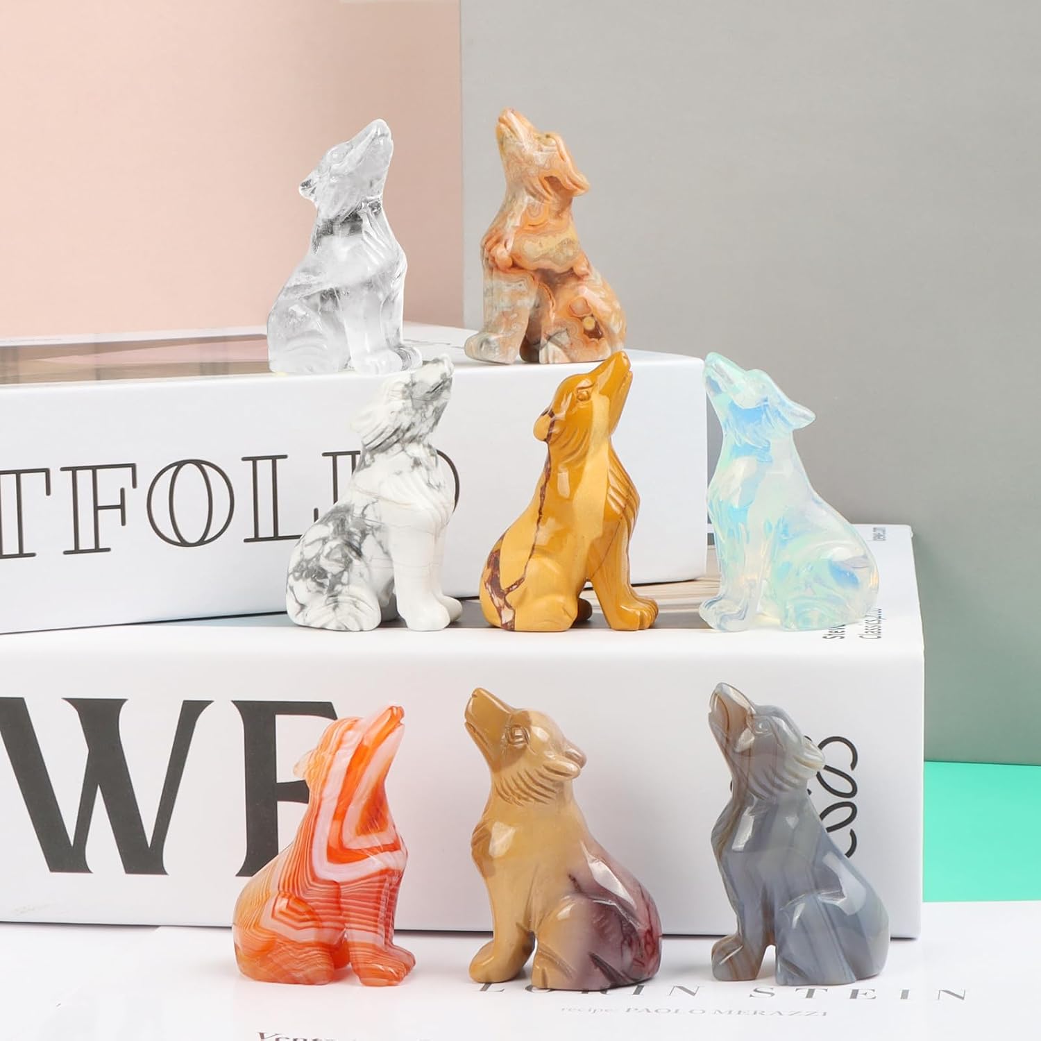 2"Opalite Crystal Wolf Statue Collectible Animal Stone Figurine Home Decor image 5