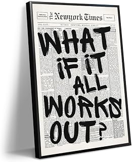 What If It All Works Out Newspaper Canvas Wall Art, Black and White Positive Affirmations Poster, Motivational Typography Print for Bedroom Living Room Wall Decor 8x12in Unframed