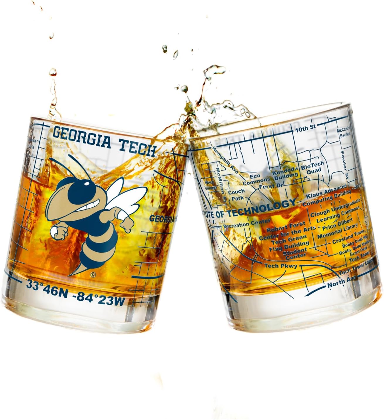 Greenline Goods  Georgia Tech University Yellow Jackets College Whiskey Glasses (Set of 2), 10 oz  Full-Color Logo + Campus Map