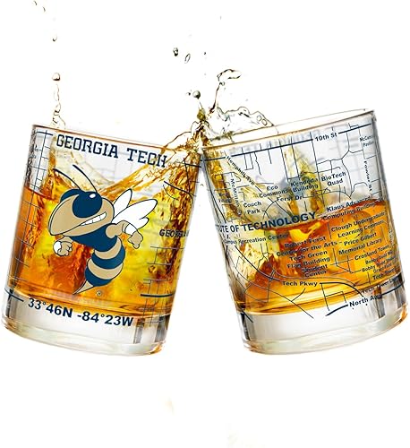 Georgia Tech - Juego de vasos de whisky (2 vasos de bola baja)  Contiene el logotipo de Georgia Tech Buzz a todo color y mapa del campus  Idea de