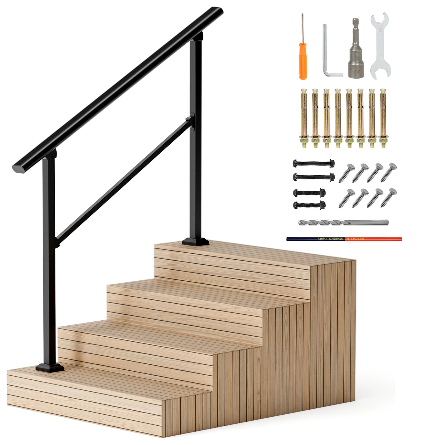 Arti-Life Handrails for Outdoor Steps, 4 Steps Metal Handrails for Indoor/Outdoor, Handrails for Concrete Steps, Wrought Iron Railing, Metal Porch Handrail, Deck Railing with Installation Kit