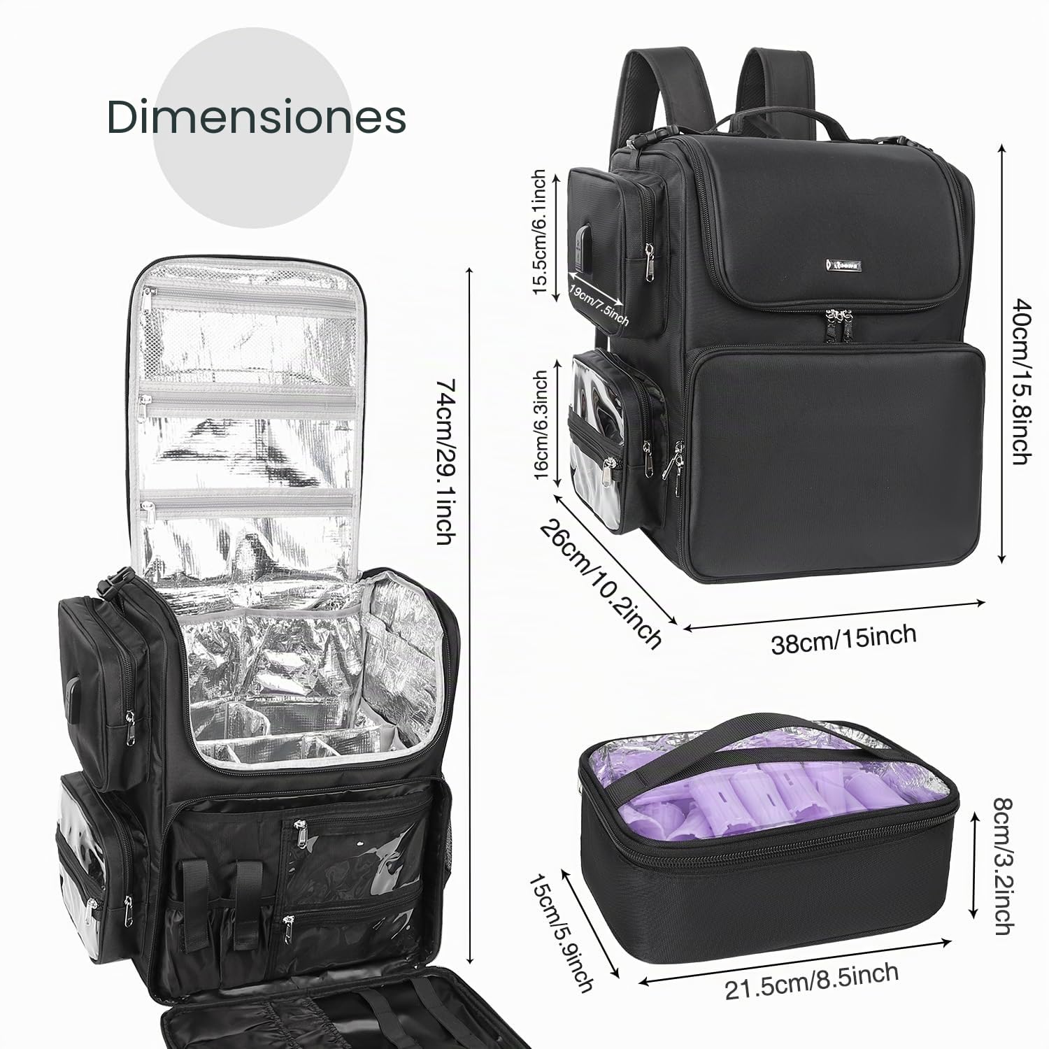 Relavel Bolsa de viaje para utensilios de peluquería, mochila y bolsa de cosméticos con capa aislante térmica, para rizadores, planchas y accesorios de viaje, organizador de barbero (negro)