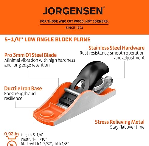 Miniatura 2 de JORGENSEN Cepillo de madera de 5-14 pulgadas, cepillo manual para carpintería, cepillo de bloque de ángulo bajo, cepillo manual pequeño para recorte