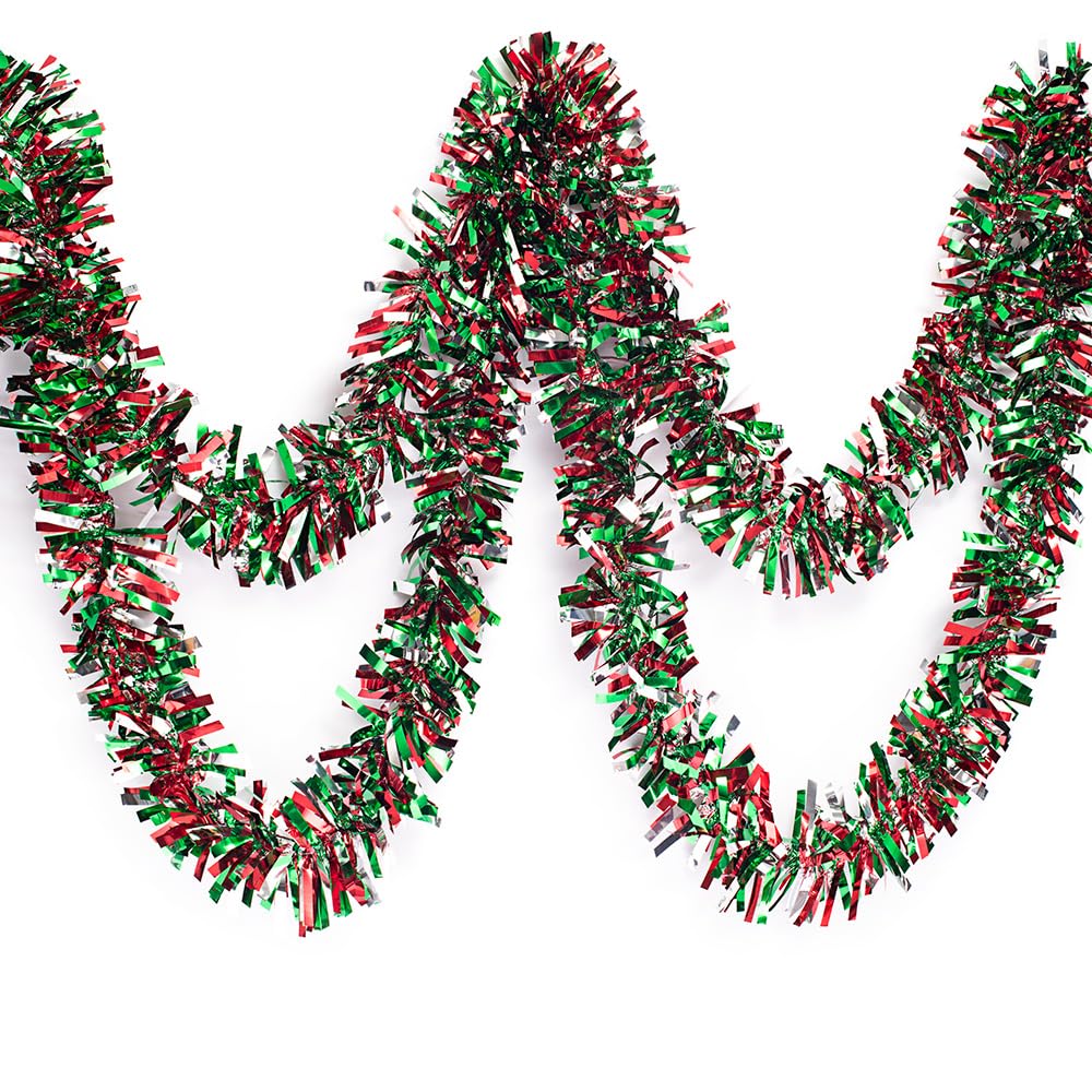 Anderson's Red, Green & Silver Metallic Tinsel Twist for Trailer Or Golf Cart, 4 inches Wide x 25 ft Long, Graduation, Christmas, Birthday, New Year's, Holiday Garland Decor for Parties and Parades