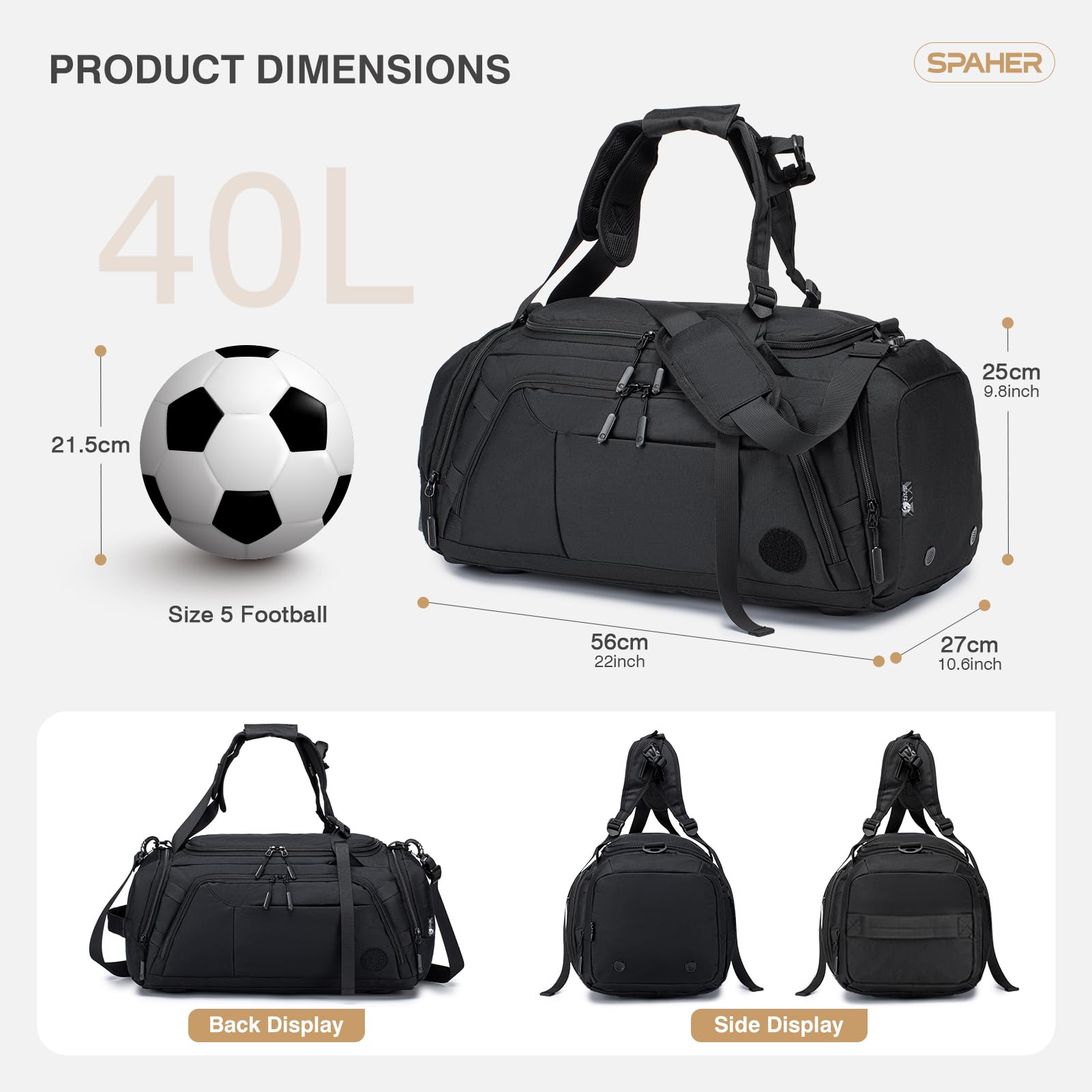 SPAHER 3 en 1 Sac de Sport Voyage avec Compartiments Chaussures et Humide