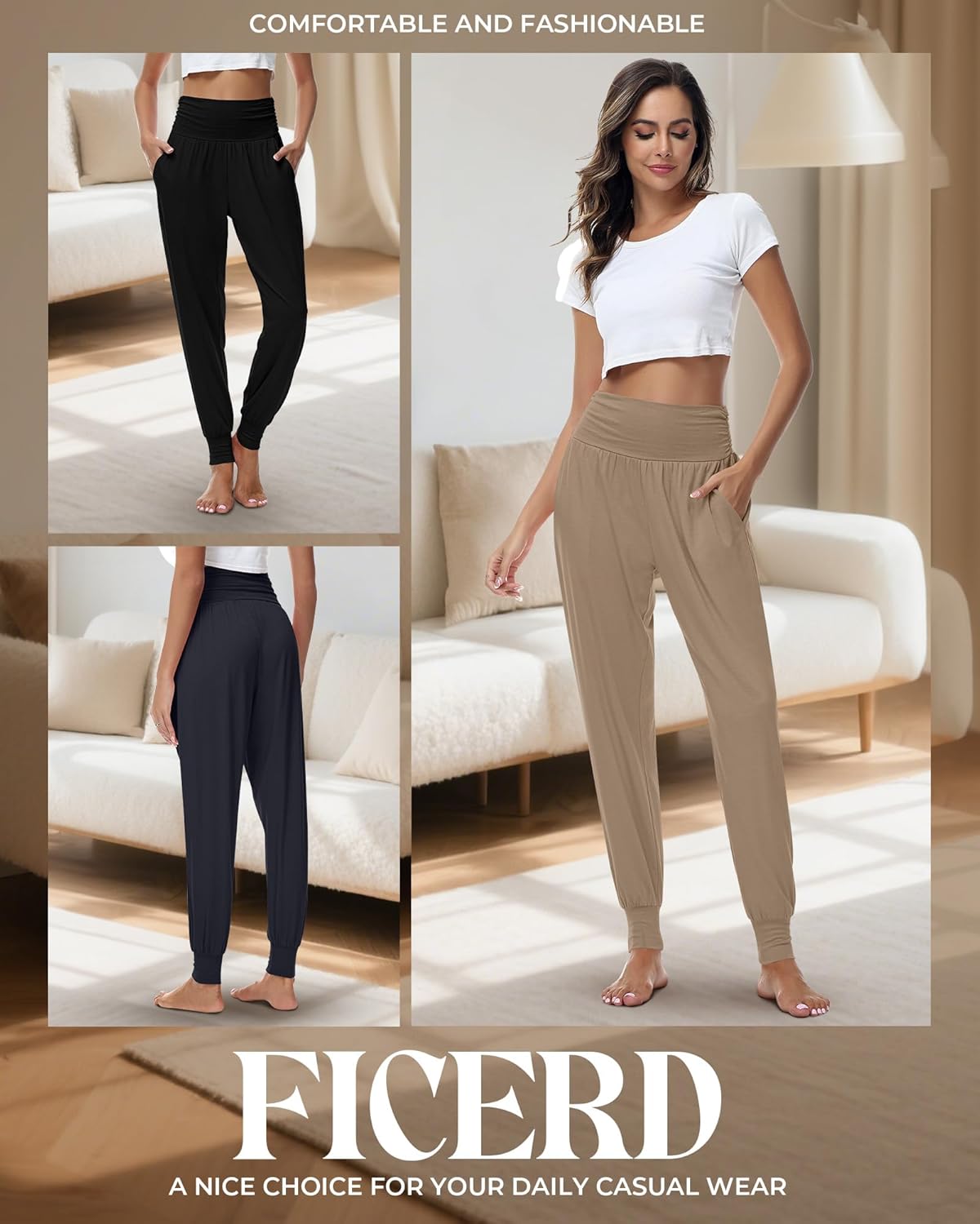Ficerd 3 Pack Women's Lounge Pants, Cozy Yoga Joggers with Pockets High Waisted Workout Sweatpants Lightweight Comfy Pants - Image 6