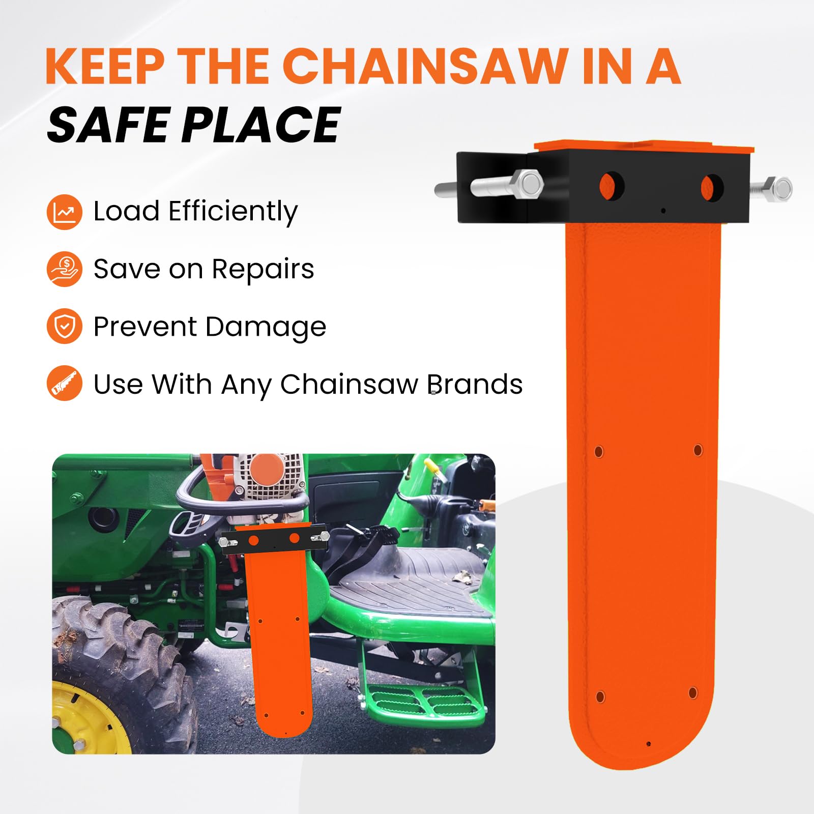Kettensägenhalter für Traktor, TPU-Schutzscheide mit Abflusslöchern, belüftetes festes Design, 50,8 cm, Universal-Halterungs-Set für Traktoren, ATVs, UTVs, LKW, Orange
