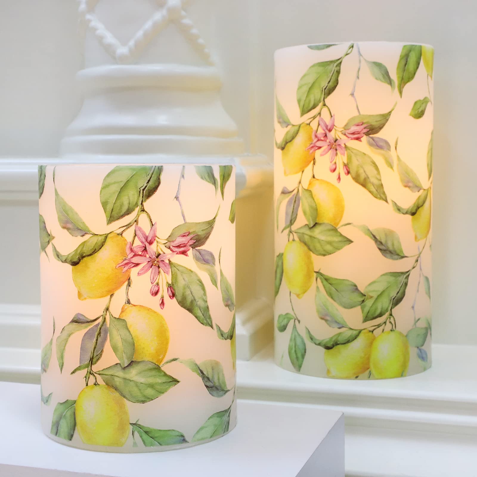 Crystal Club Lemon Flameless Candles with Timer, Set of 3 Battery-Operated Spring Theme LED Pillar Candles, Realistic Candle for Home Birthday Party Decors