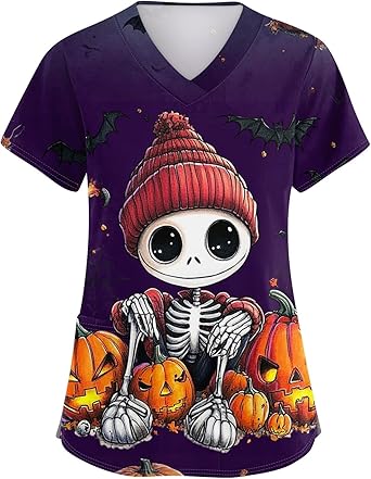 OIOLOYJM Halloween Christmas Scrub Tops Women Print V Neck Short Sleeve Plus Size Scrubs for Womens Shirts with Pockets