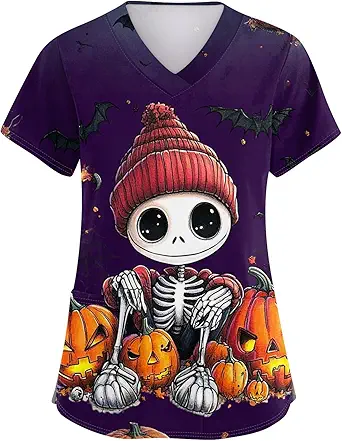 OIOLOYJM Halloween Christmas Scrub Tops Women Print V Neck Short Sleeve Plus Size Scrubs for Womens Shirts with Pockets