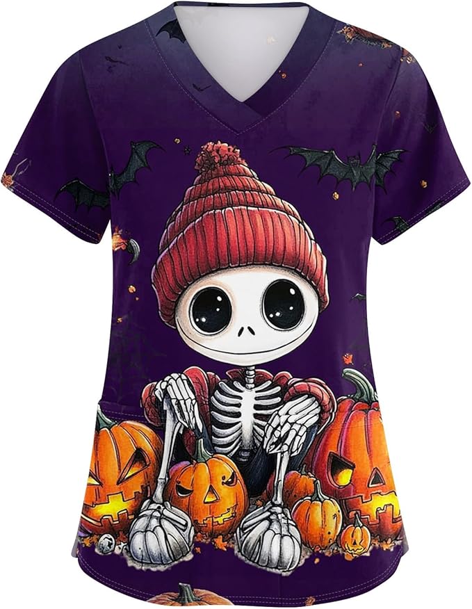 OIOLOYJM Halloween Christmas Scrub Tops Women Print V Neck Short Sleeve Plus Size Scrubs for Womens Shirts with Pockets