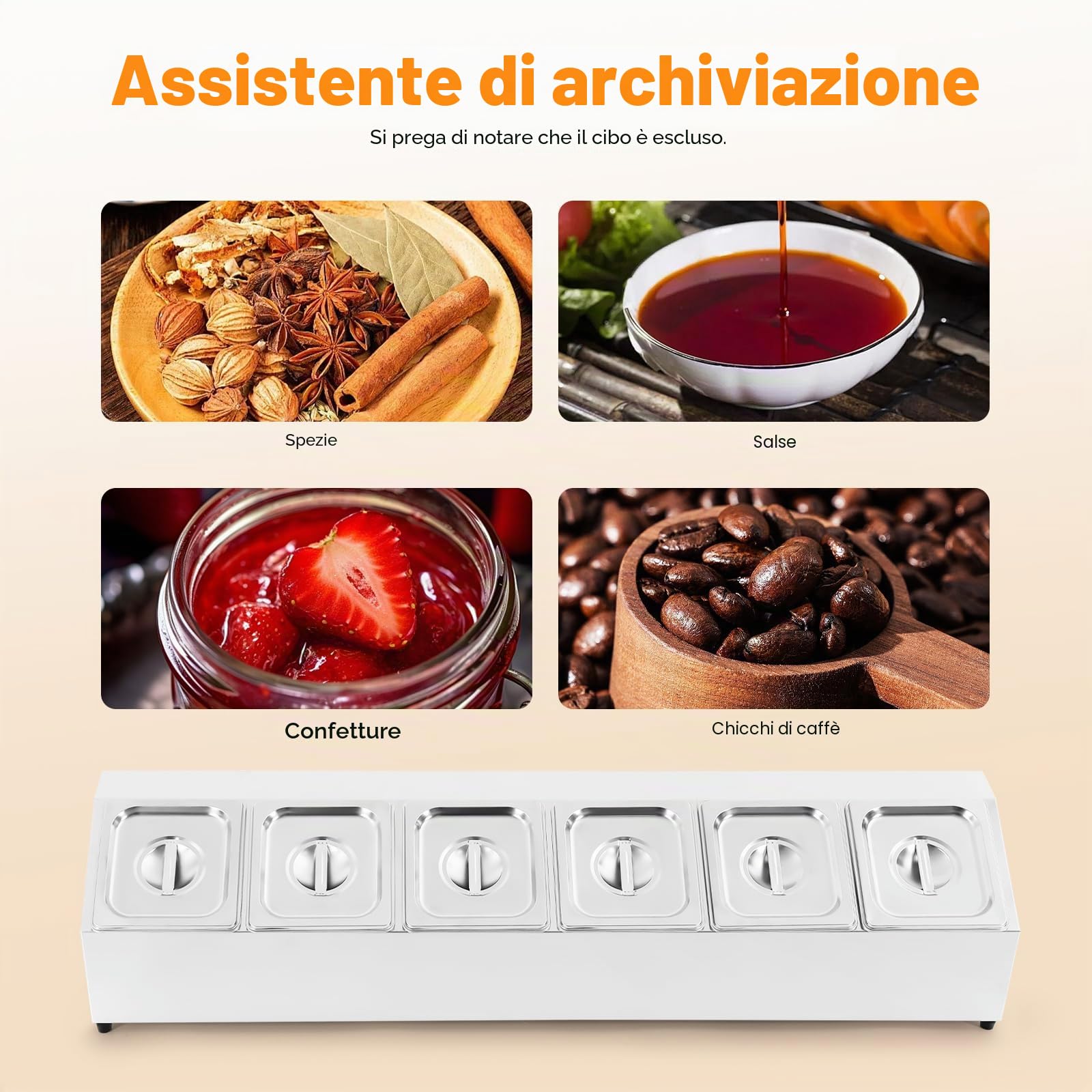 Recipiente in acciaio inossidabile con coperchio, 6 scomparti, set di contenitori Gastronorm per ingredienti di pizza, contenitore per spezie per cucina, ristorante o catering