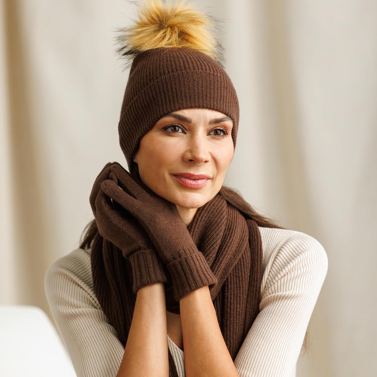 Fishers Finery Women's 100% Cashmere Pom Hat and Glove Set; with Gift Box - Image 4