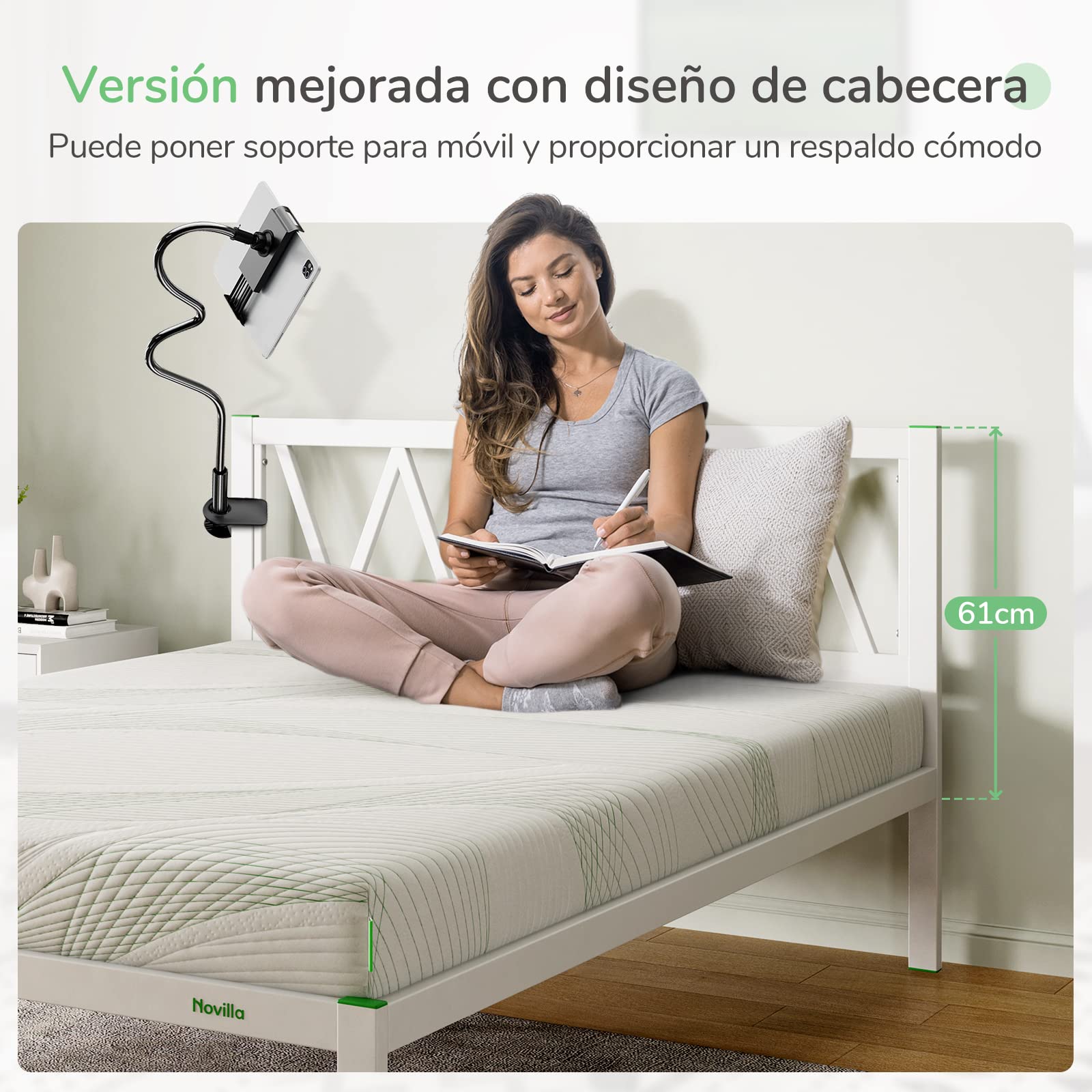 Novilla Somier 135x190 cm con 5 Patas Altas y cabecero, 30cm Altura, Eco Estructura metálica de Cama de Acero con láminas de chopo, Anti-Ruido y fácil de Montar (Avanzado, Blanco)