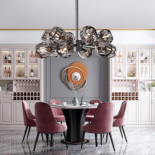 Miniatura 7 de Modern Sputnik Chandelier 12-Light Pearl Black Crystal Pendant 24" Dining Room Light Fixture Over Table Mid Century Branches Chandeliers with Smoke