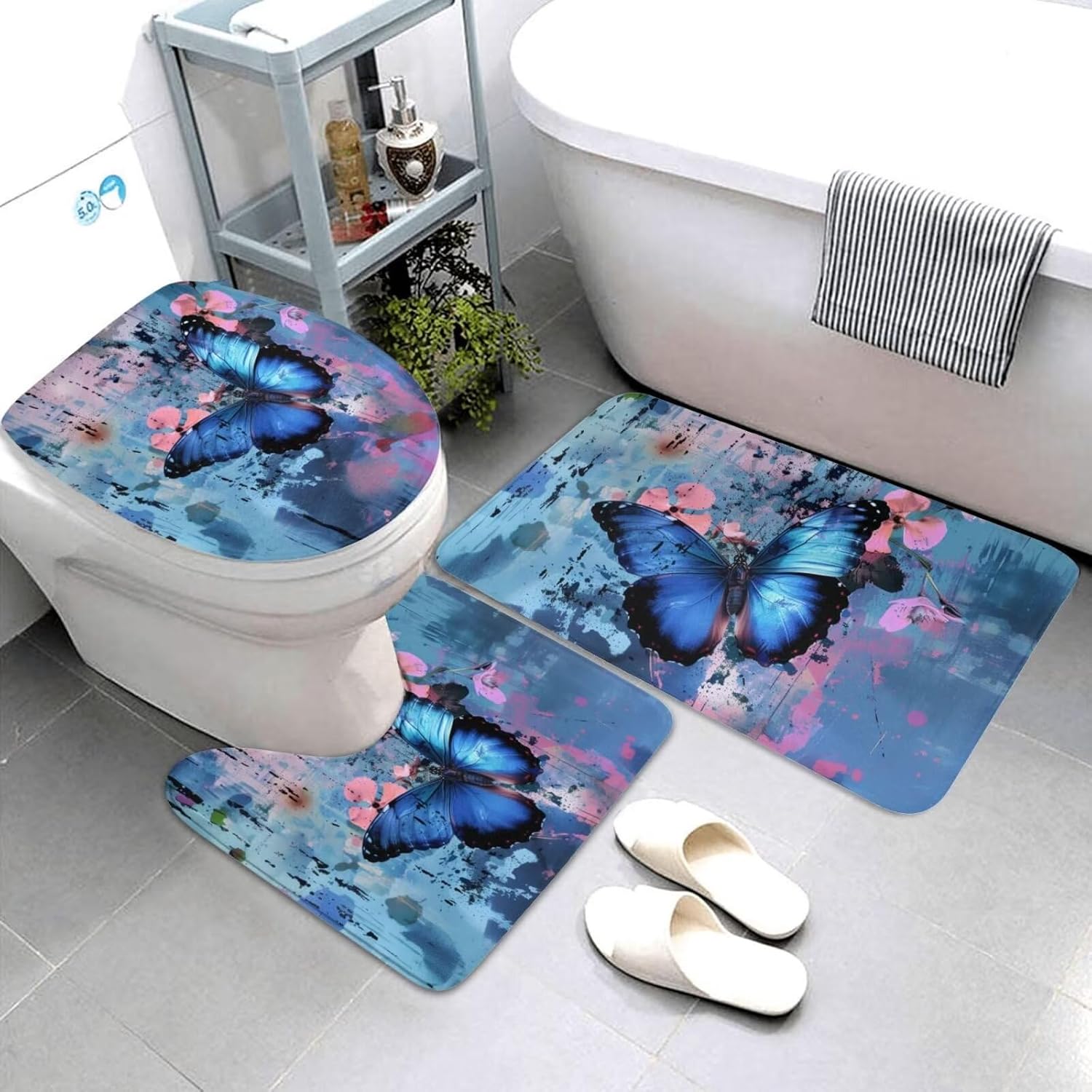 MAGIFUN Bathroom Rugs Set Blue Butterfly Ultra Soft 3