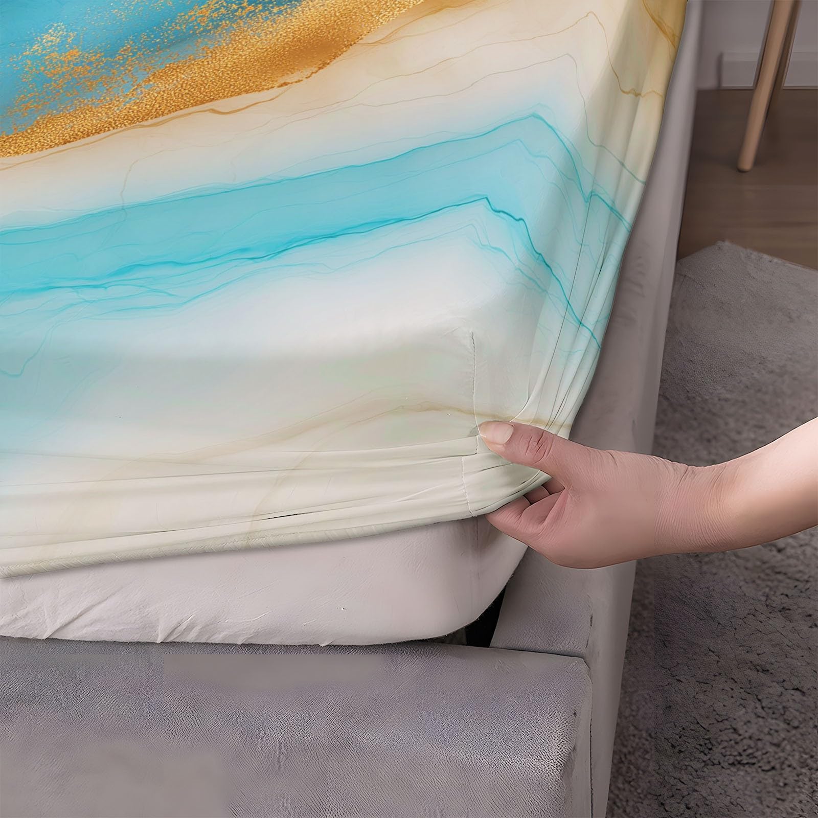 Lapis Cyan Tinte Strand Bedruckte Spannbettlaken 180 x 200 cm, Weiche Atmungsaktivem Tiefe Tasche Spannbetttuch knitterfrei bequem Marmor für Bettw Sche Matratzen bis 30 cm