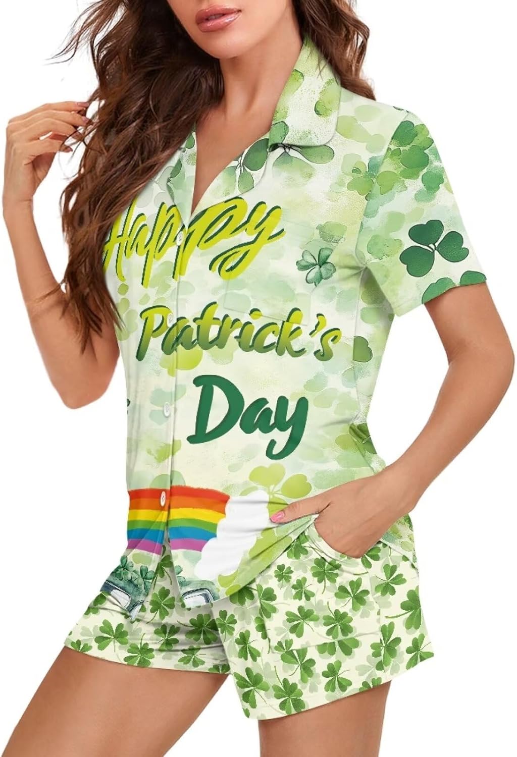 St. Patrick's Day Pajamas For Women 3D Print Clover Pattern Sleepwear Everyday Lounge Wear Short-Sleeved Homewear