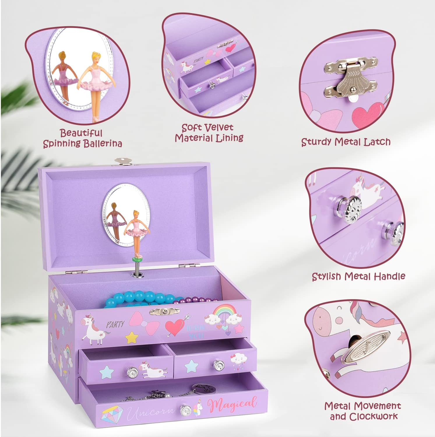 Musical Jewelry Box for Girls 3 Layer Music Box with Drawers Spinning Ballerina Unicorn Design Included Unicorn Jewelry Set Kids Birthday Christmas Gifts for Girls, Purple - Image 3