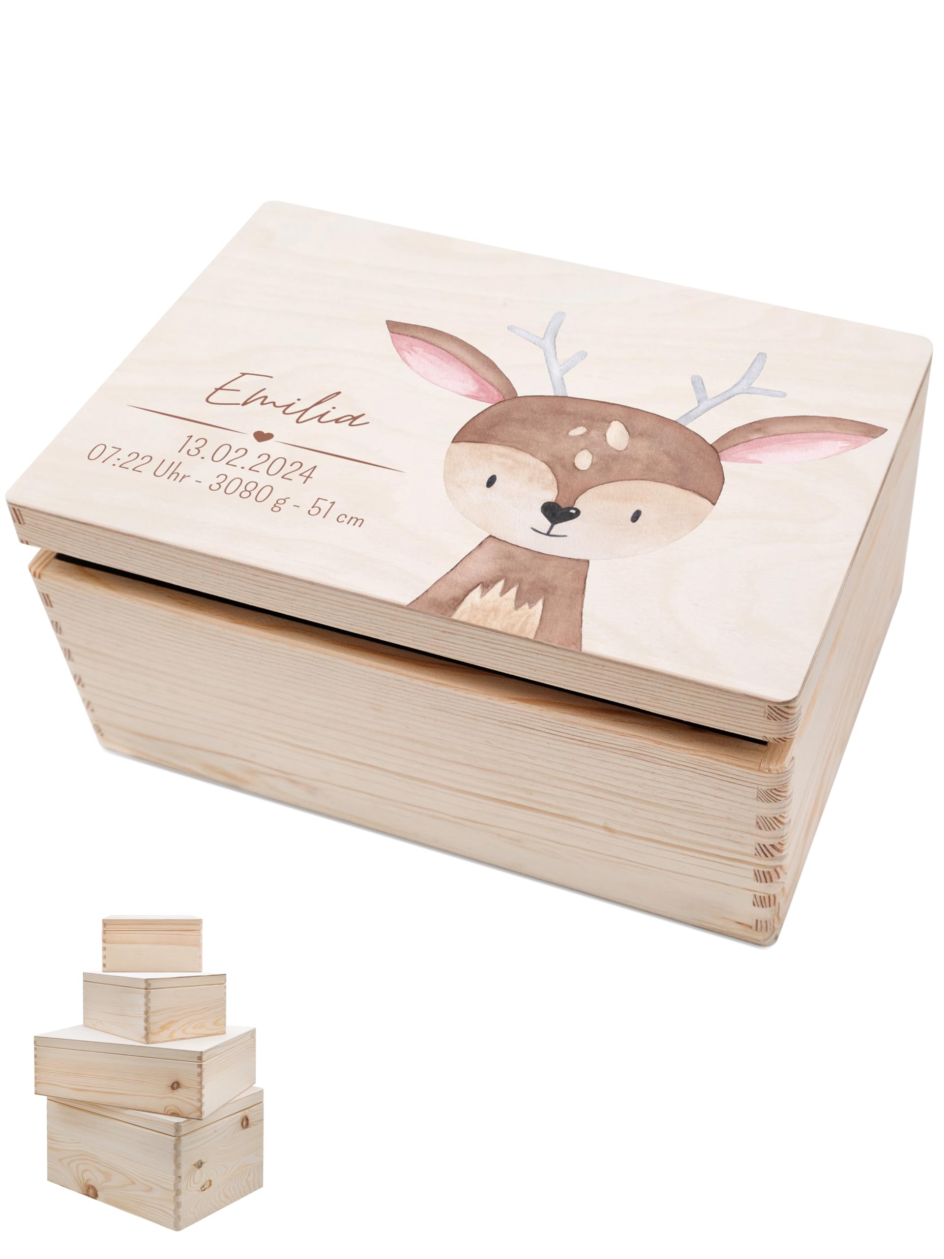 wunderwunsch - Personalisierte Erinnerungskiste Baby mit Spezial-Druck - Baby Erinnerungsbox - Erinnerungskisten aus Holz - Geschenk zur Geburt (Reh, XS-Klappdeckel)