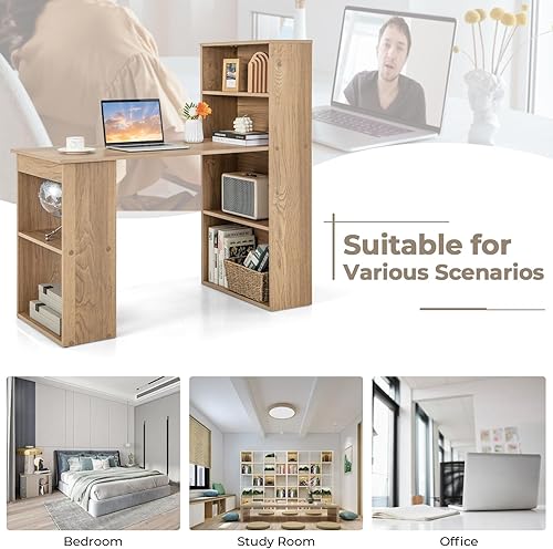 Miniatura 8 de GRAFFY - Escritorio para computadora con 6 estantes de almacenamiento, estación de trabajo reversible de 48 pulgadas con estantería y soporte para