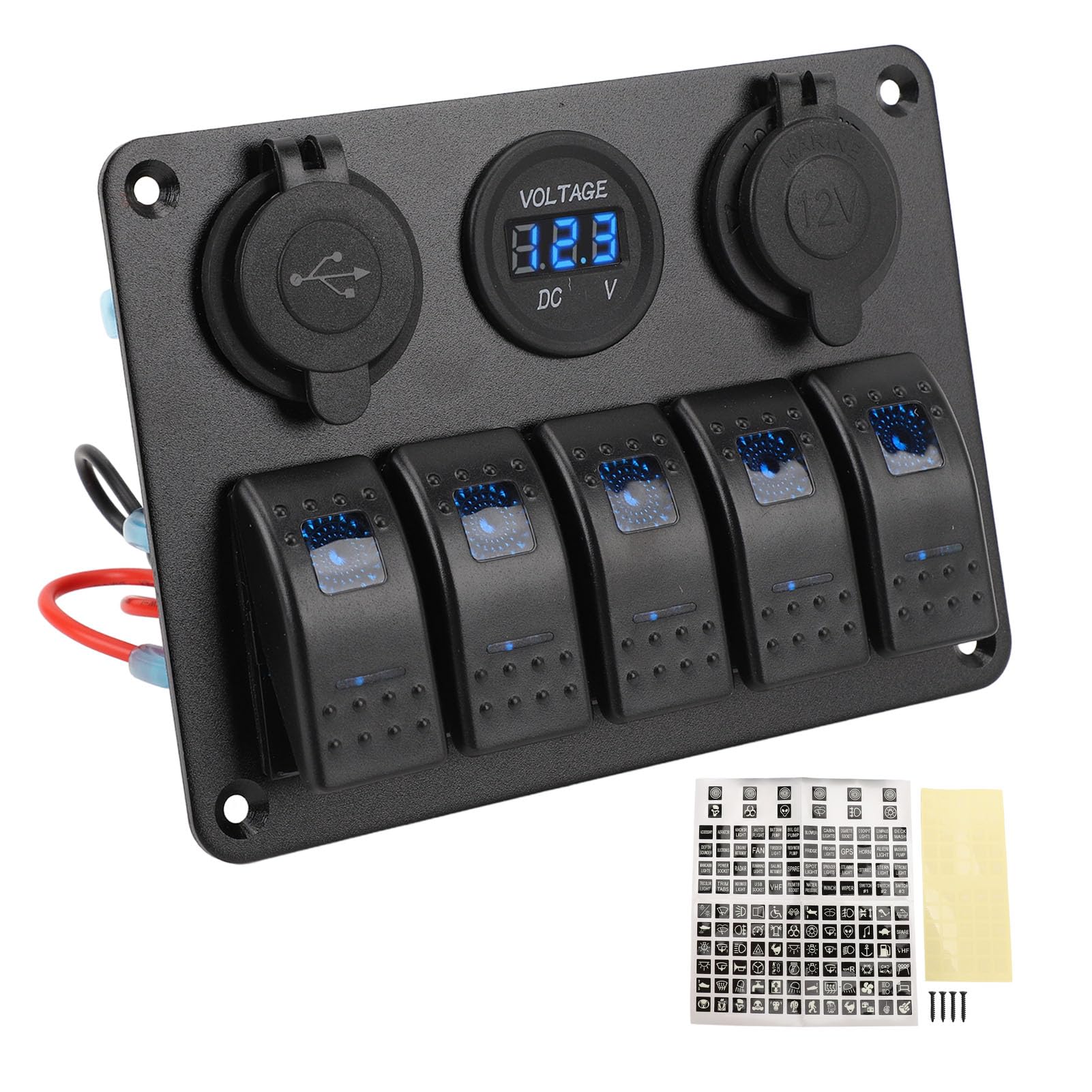 Pannello Interruttori a Bilanciere Marino a 5 Gruppi Pannello Interruttori Impermeabile in Lega di Alluminio 12V a 24V con Porte USB Voltmetro per Barche, e Veicoli (BLUE)
